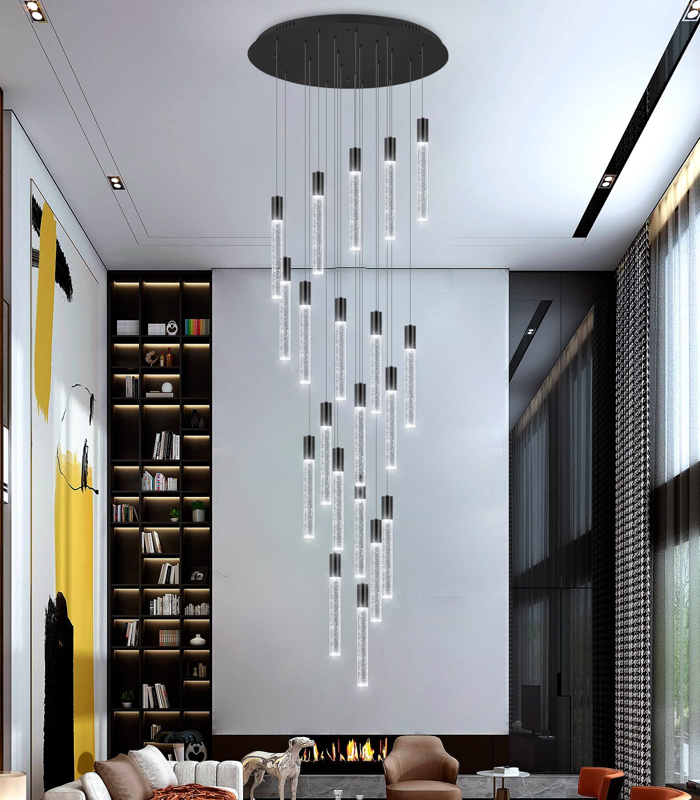 HAIXIANG 13FT High Ceiling Chandelier, Modern Crystal Pendant Light, 20-Lights, Black, Dimmable, Flush Mount for Living Room Foyer, Model MMQ3810