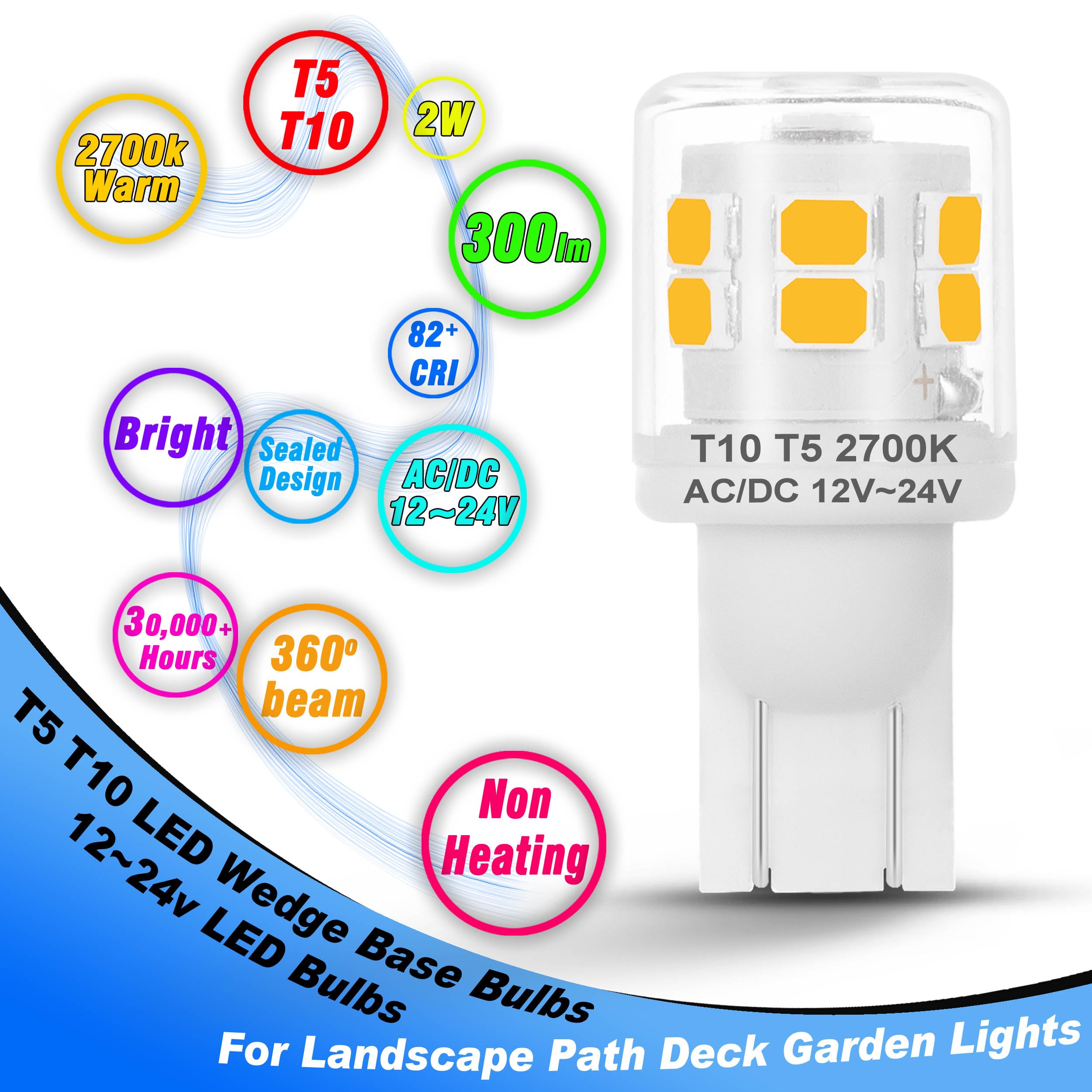 Heifymi T10 LED Wedge Base Bulbs, 2700K Warm White, 2W Equivalent, 6 Pack, Ceramic, AC/DC 12-24V for Landscape & RV