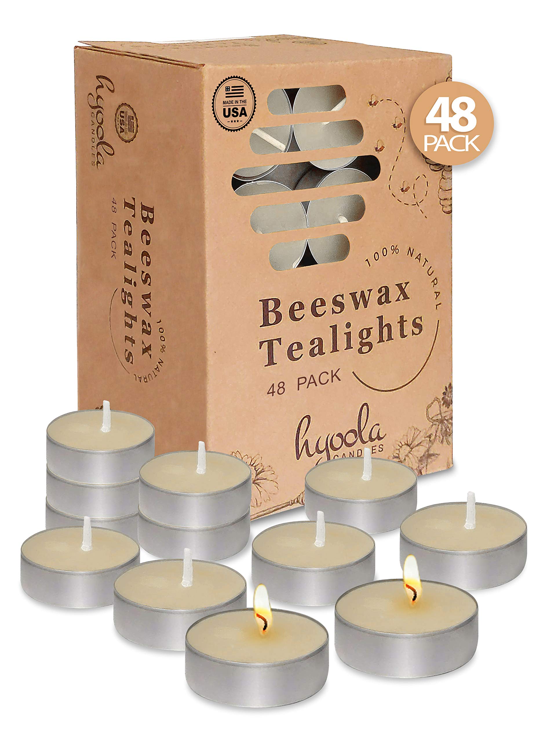 Hyoola White Beeswax Tealight Candles - 100% Pure Natural - 48-Pack - Aluminum Cup - Model H11773