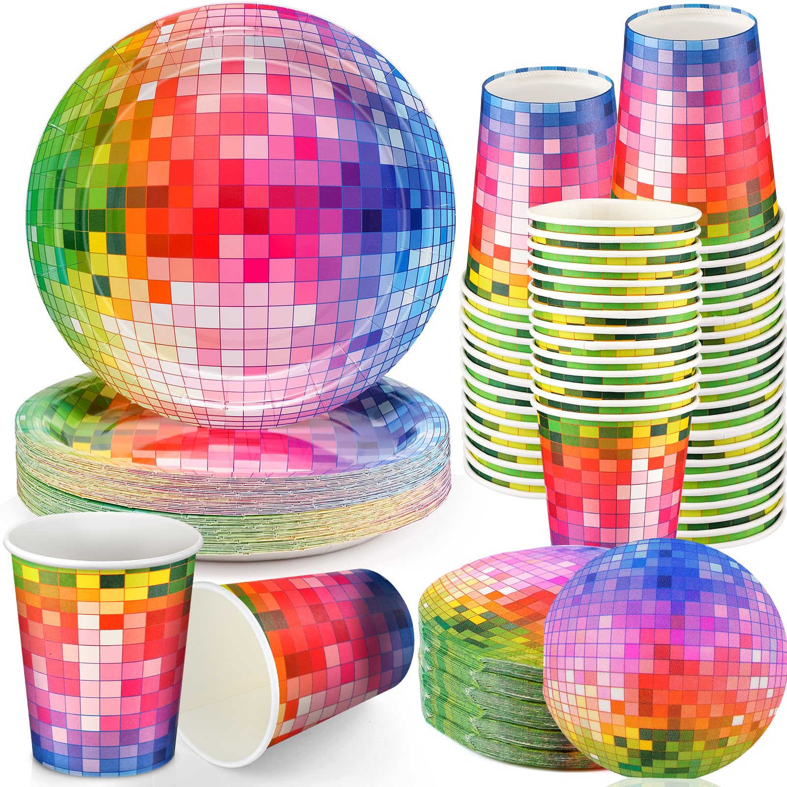 Gerrii 70S Disco Party Supplies Includes 50 Pcs Silver Disco Ball Paper Dinner Plates 50 Pcs Disco Paper Cups 50 Pcs Disco Party Cocktail Napkins For Disco Wedding Party Picnic Travel (Colorful)