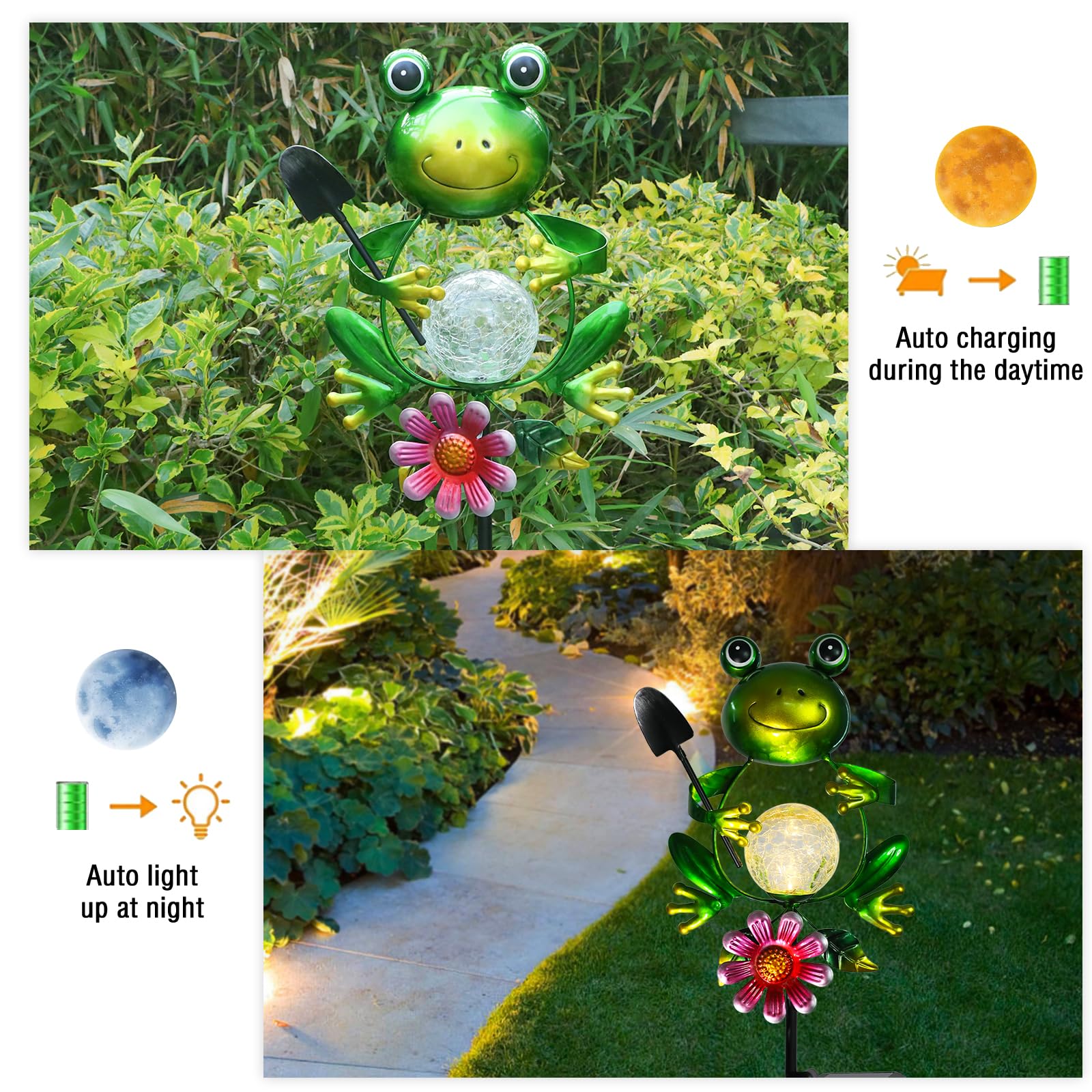 Bshine Frog Solar Light Outdoor Garden   ed Glass Metal Solar Garden Stakes For Pathway  Backyard Decoration  Yard Art  Lawn Ornaments  Frog Gifts For Women  Mom  Frog Lovers