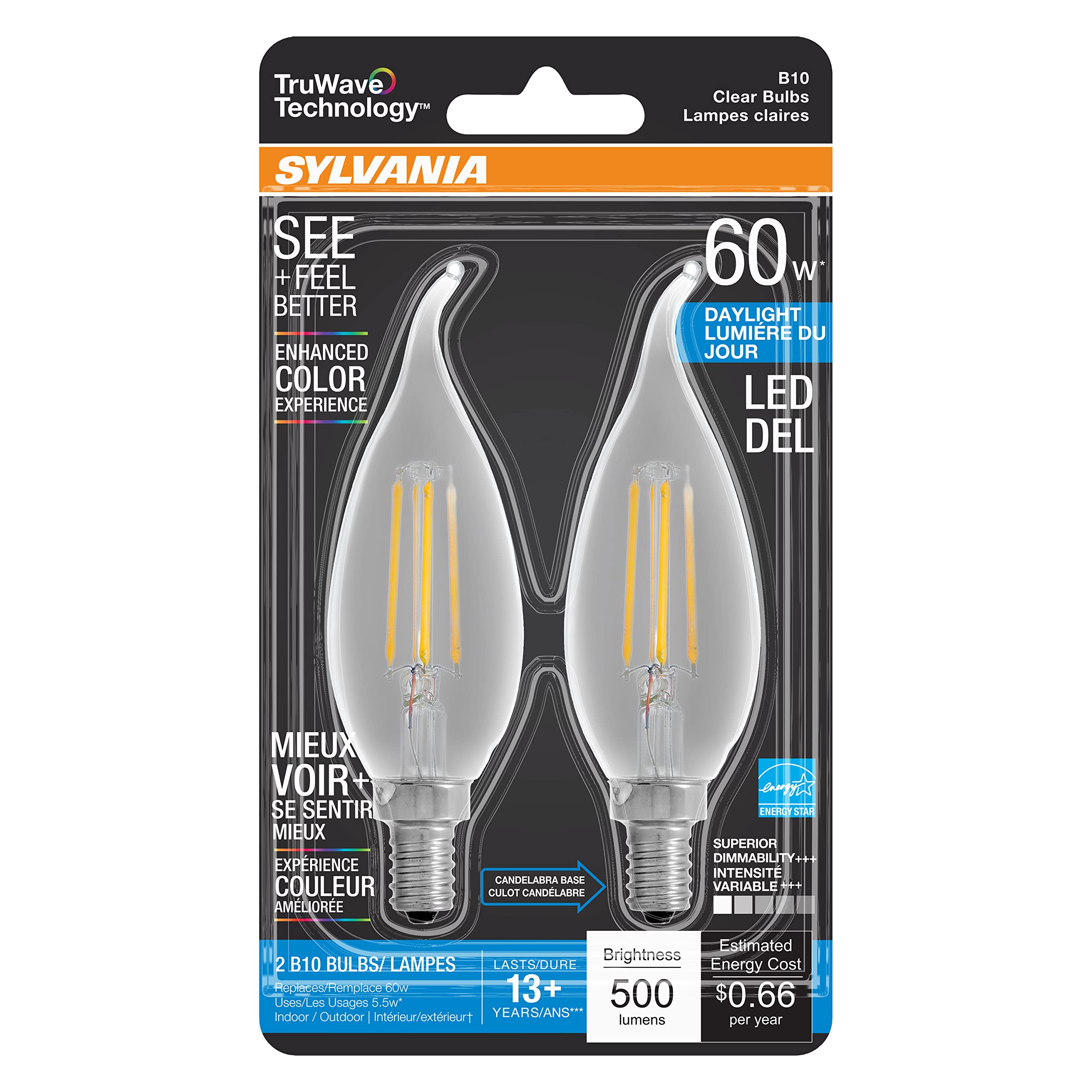 Sylvania Led Truwave Natural Series Candelabra Base Light Bulb, 60W Daylight, Dimmable, Clear, Candle Tip - 2 Pack