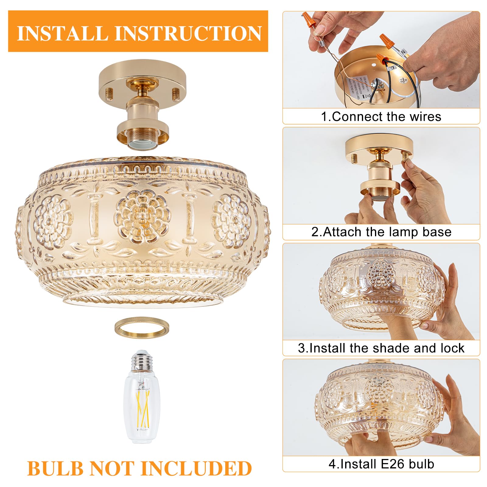 Tbaoinla Semi Flush Mount Ceiling Light - French Gold Finish & Amber Floral Glass Shade  Vintage Modern Lighting For Bathroom  Kitchen  Bedroom (Bulb Not Included)