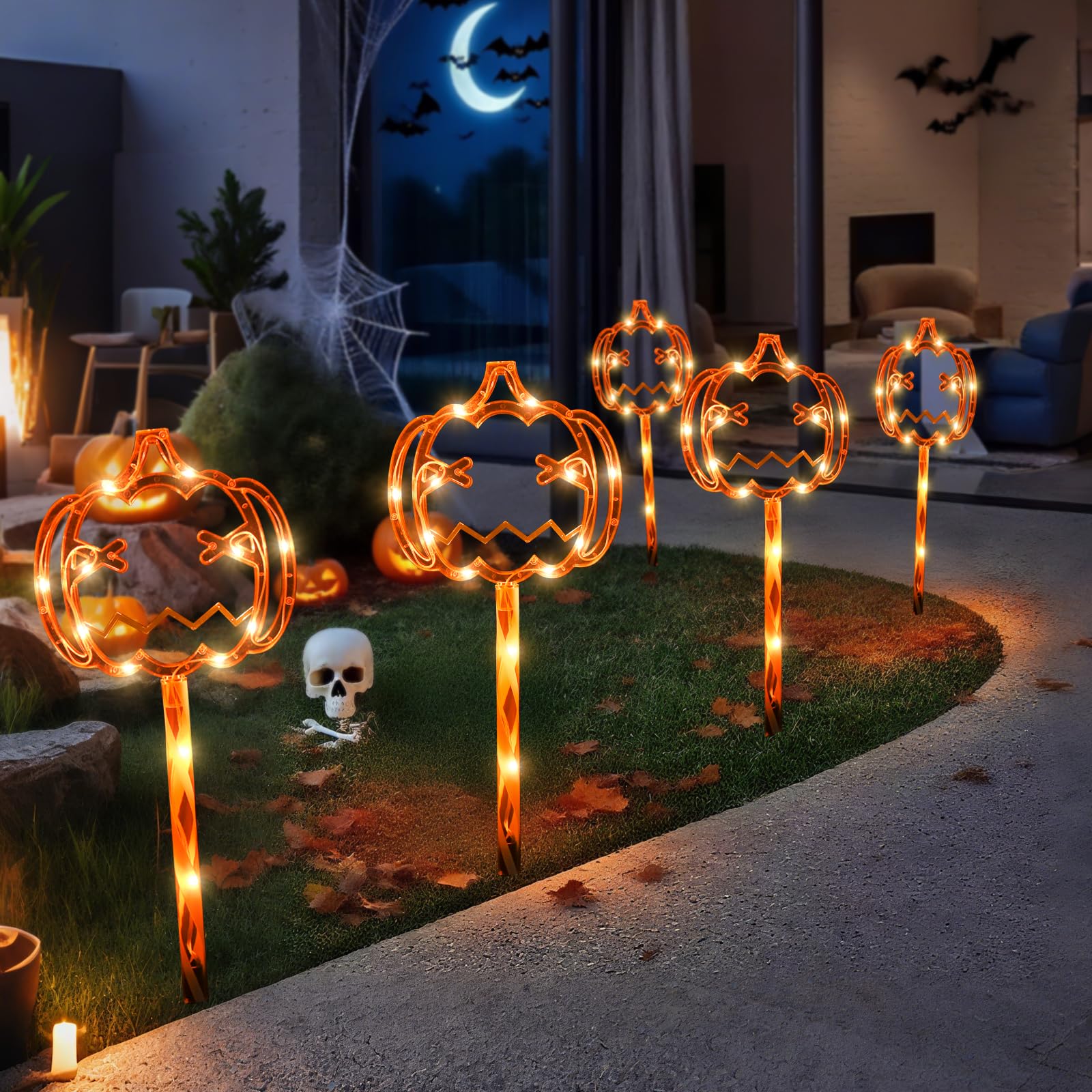 Lolstar Halloween Decorations  5 Pack Halloween Pathway Lights  Jack-O-Lantern Orange Pumpkin Lights For Walkway  Sidewalk  Garden  Yard  Lawn  Porch  Patio Outdoor Decor With Timer & 8 Lighting Modes