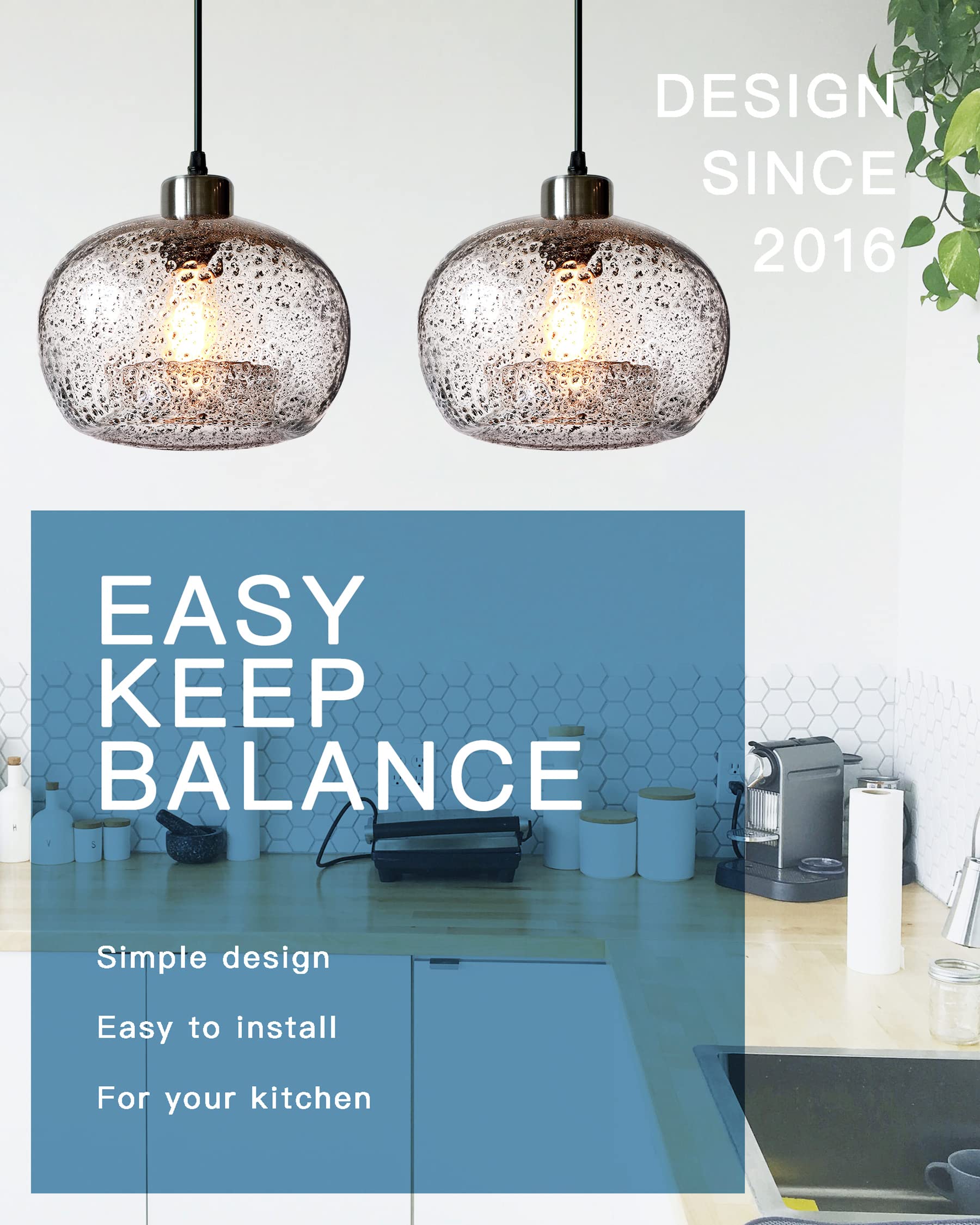 CASAMOTION Pendant Lights - 9" Hand Blown Glass Globe - Marble Clear - 2 Pack for Kitchen Island & Dining Room