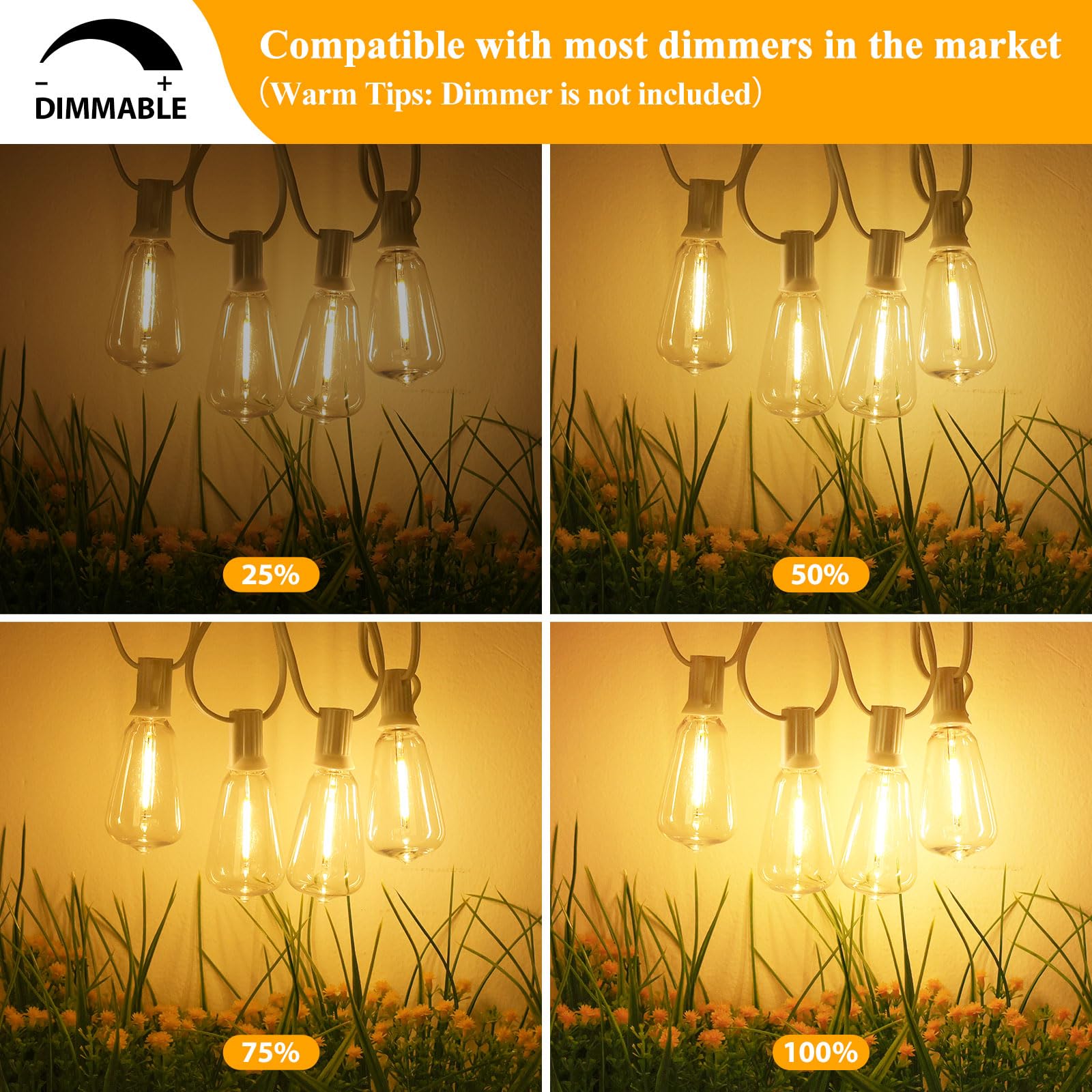 Brightever Led Outdoor String Lights,100Ft Patio Lights With 52 Shatterproof St38 Vintage Edison Bulbs 2700K Dimmable, Outside H