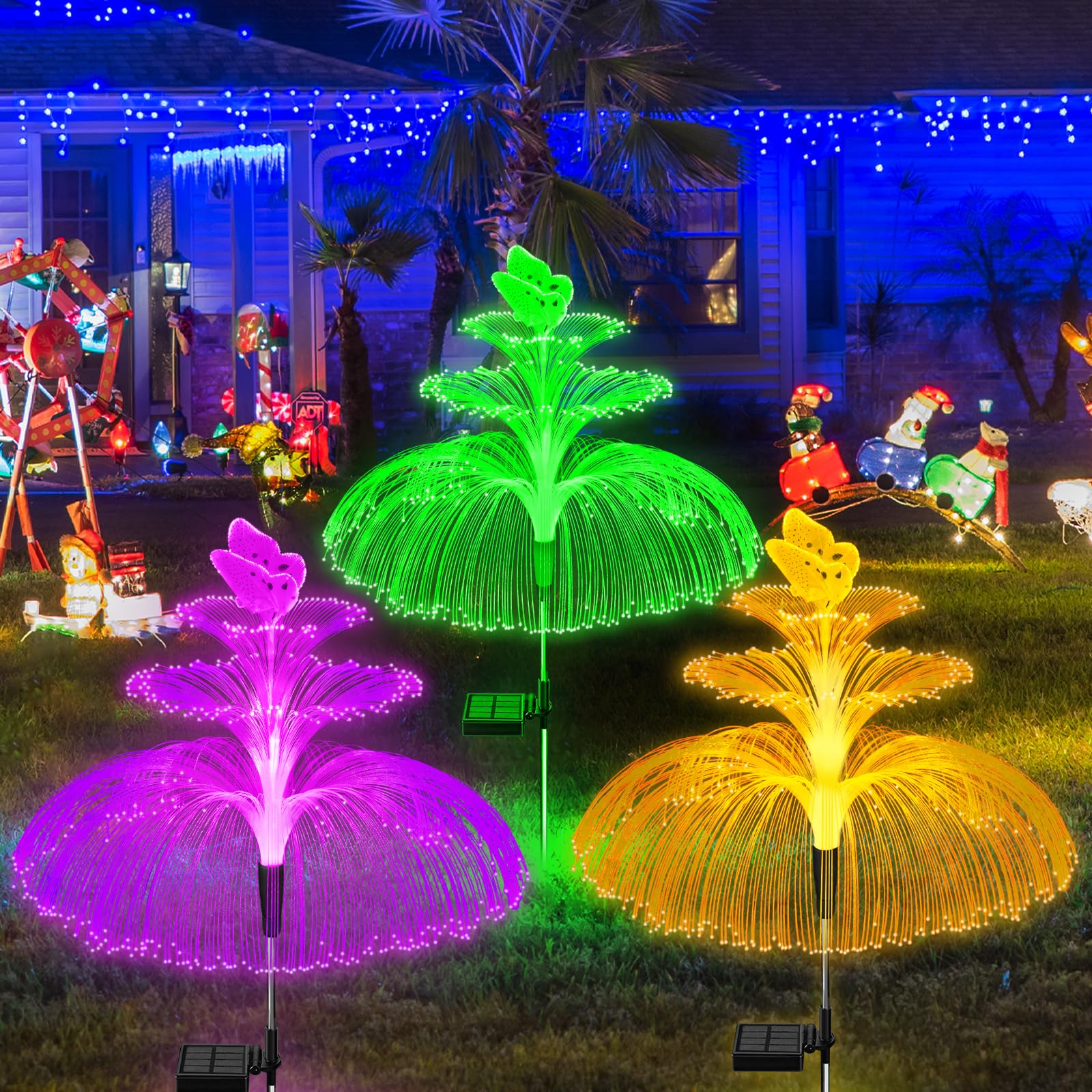 Weitexs Solar Garden Lights 3 Pack New Upgraded Solar Lights Outdoor Waterproof 3 Layers 7 Color Changing Jellyfish Butterfly Decorations For Garden Yard Gifts For Women