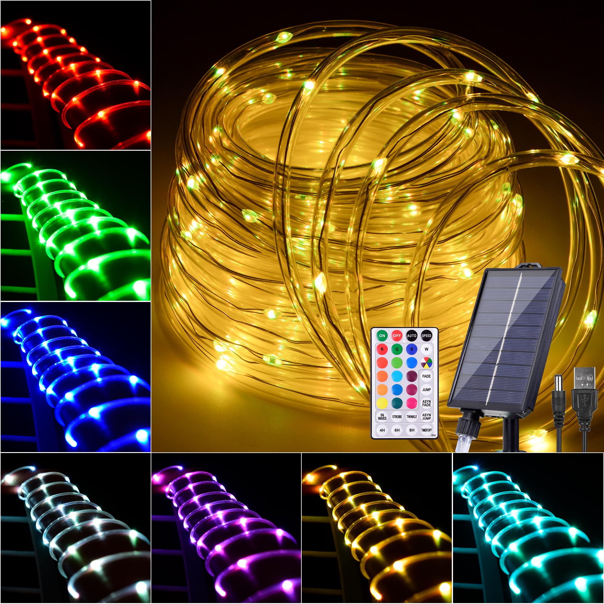 Nazuwke 49FT Solar Rope Lights Outdoor Waterproof, 18 Colors Changing 150 LEDs Fairy String Lights USB & Solar Powered with Remo