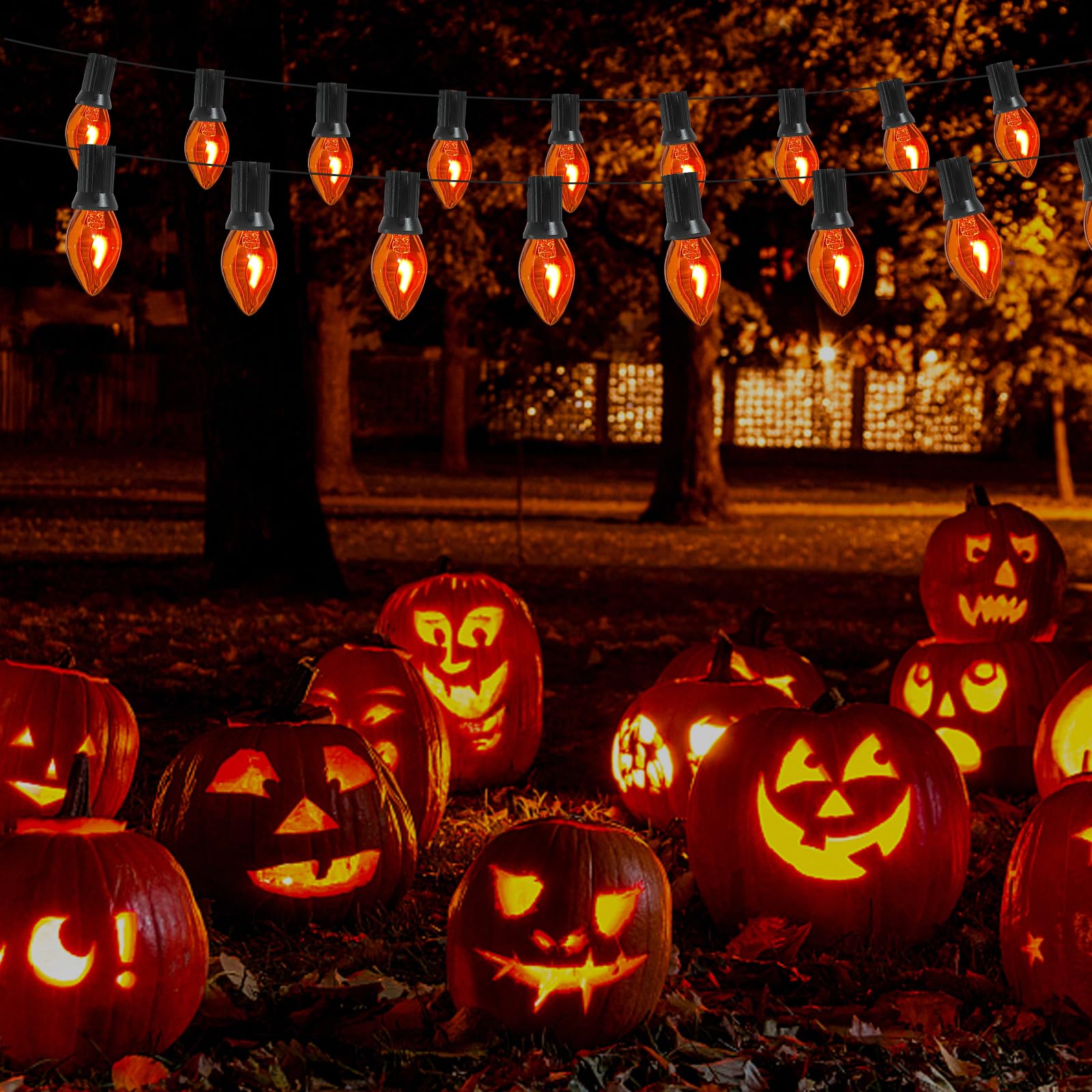 Abeja Orange Halloween Lights  25Ft Orange Flickering Lights String With 27 Flame Incandescent Blubs  Halloween Waterproof Flicker Lights For Spooky Thanksgiving Party Decor