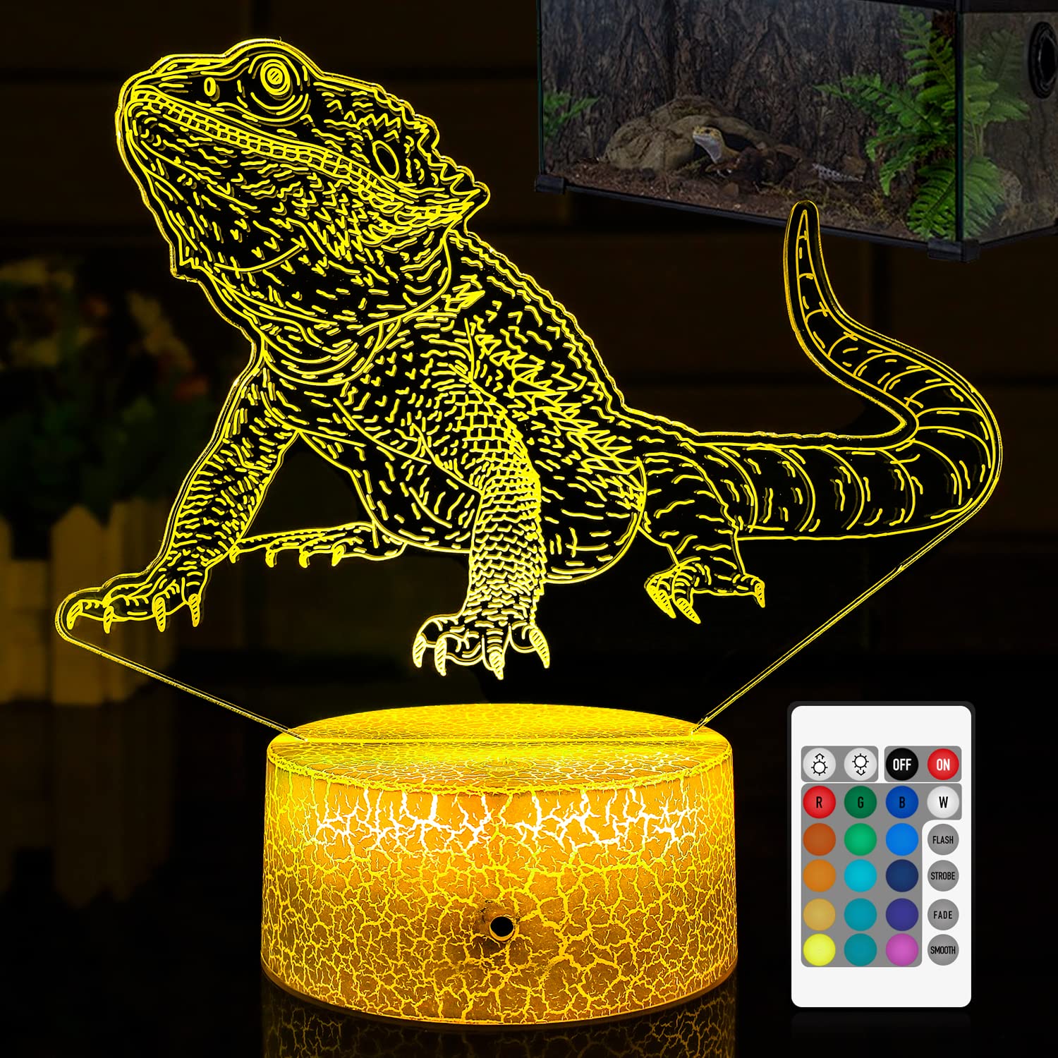 Grkka Bearded Dragon Night Light Lamp: Cool 3D Illusion Lamp with 16 LED Colors Changing & Remote Control for Boy and Girl, Perf