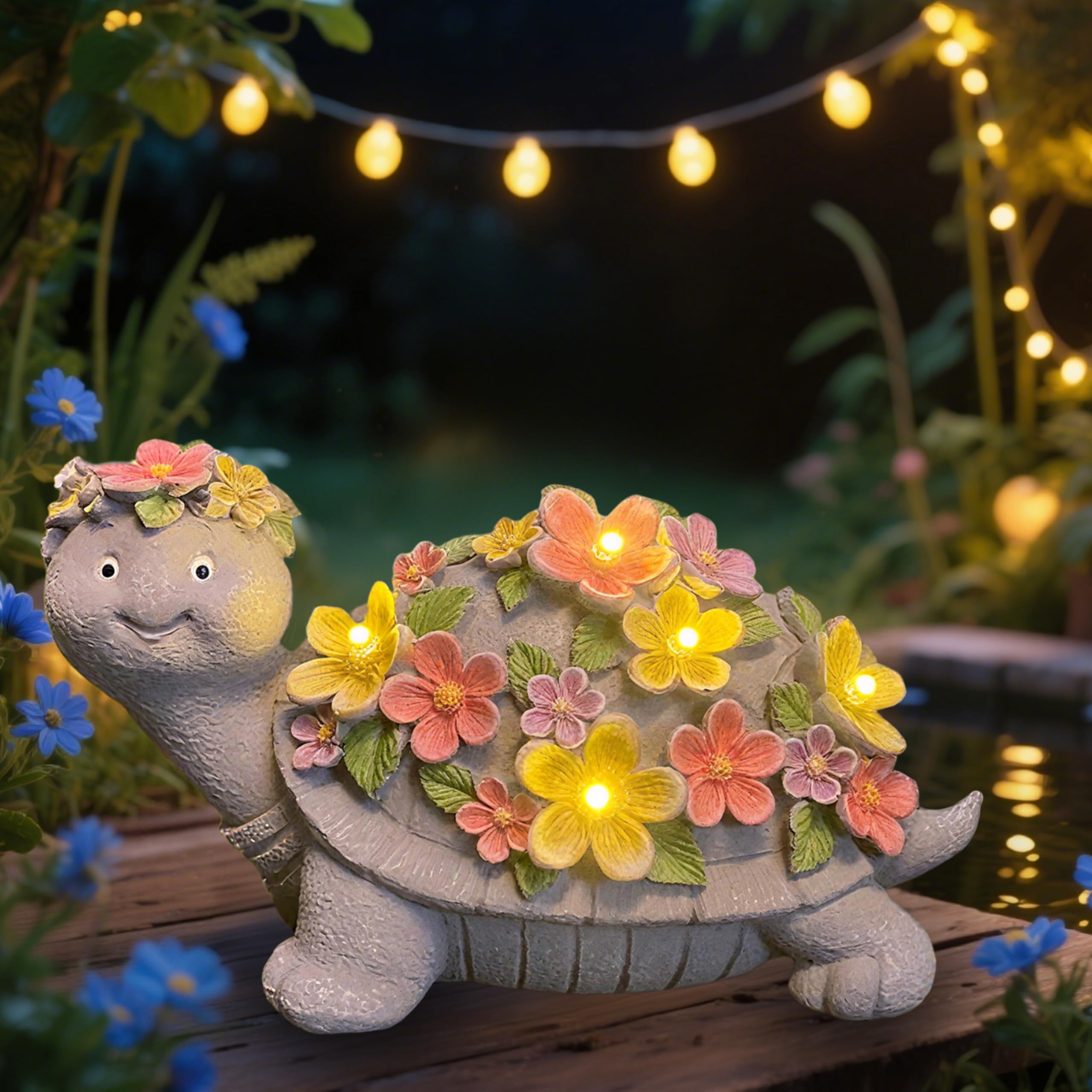 LEAESMHR Solar Turtle Statues Garden Decor - Cute Turtle Figurine with Flowers Solar Lights  Tortoise Statue for Outdoor Yard  Lawn  Patio Decoration - Birthday Gifts for Mom Grandma Women