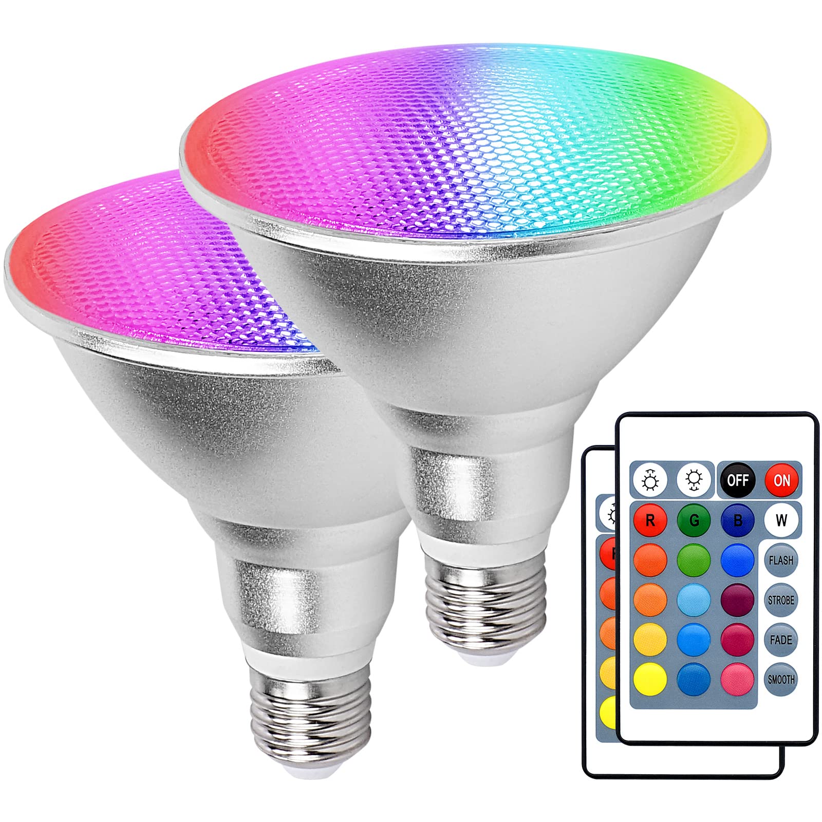 Kuniwa 2 Pack RGB PAR38 Flood Light Outdoor with Remote, 30W=90W, Waterproof LED Color Changing Light Bulbs, 3000K Warm White, 1