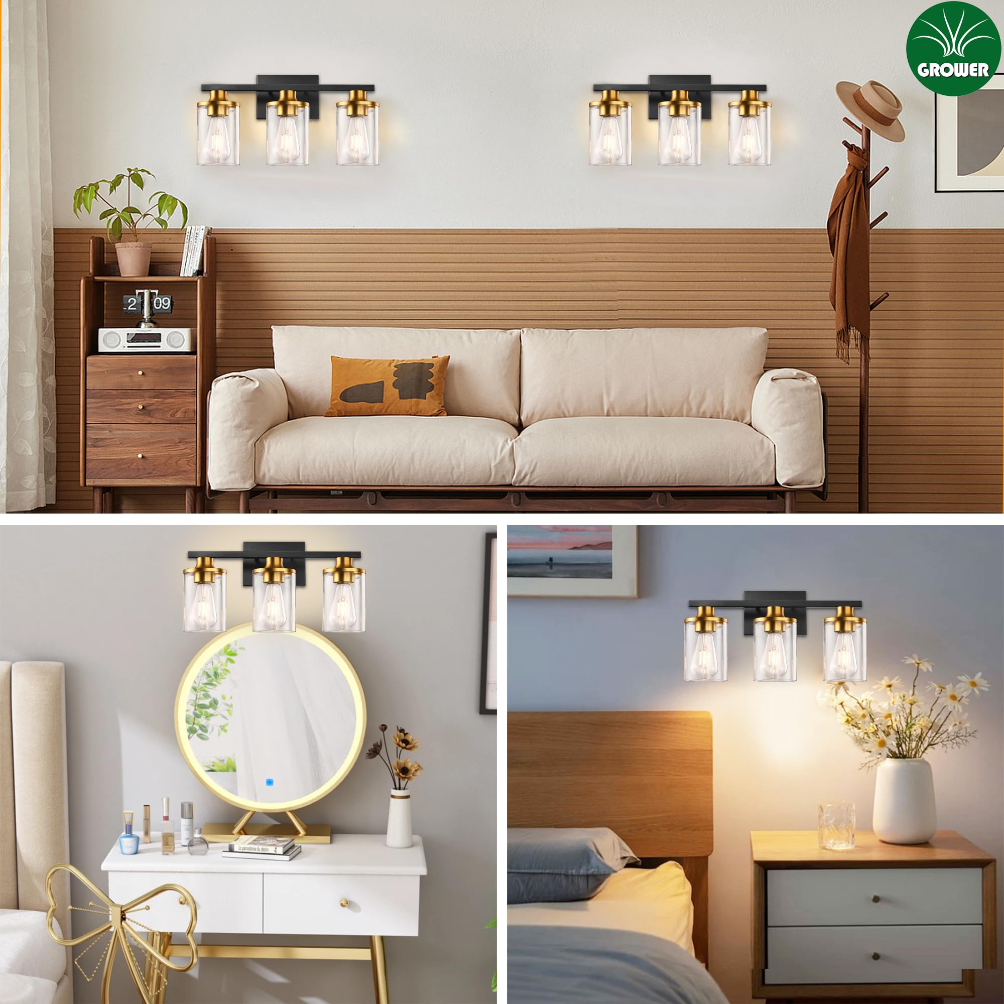 Grower 3 Light Bathroom Light Fixtures, Black Vanity Light For Bathroom, Bathroom Vanity Lights Over Mirror With Clear Glass Shade, Vanity Lighting Fixtures, Wall Lamp Sconces For Bedroom, Porch