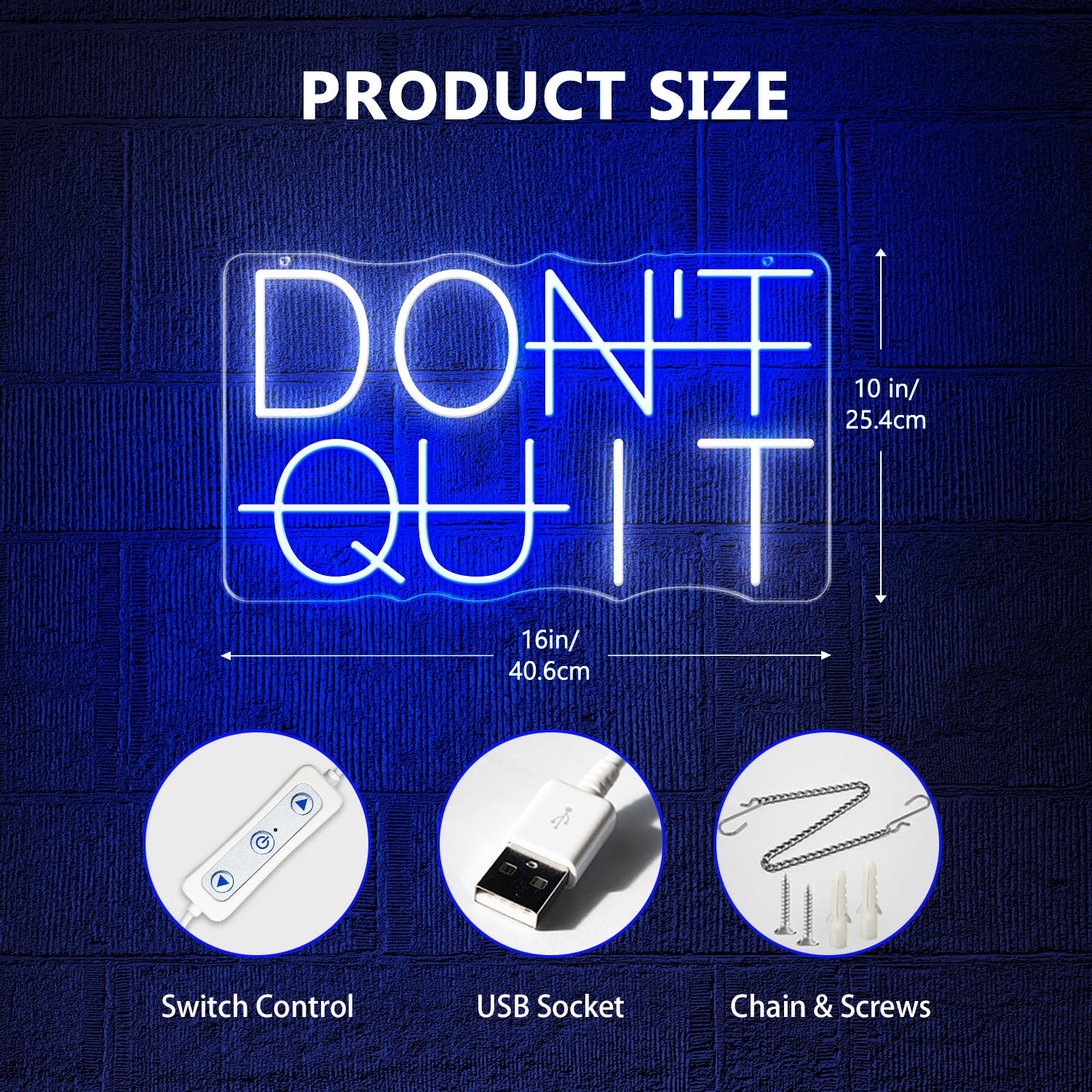 HAJAE LED Neon Sign - DONT QUIT Wall Decor, Dimmable, USB Powered, Blue & White