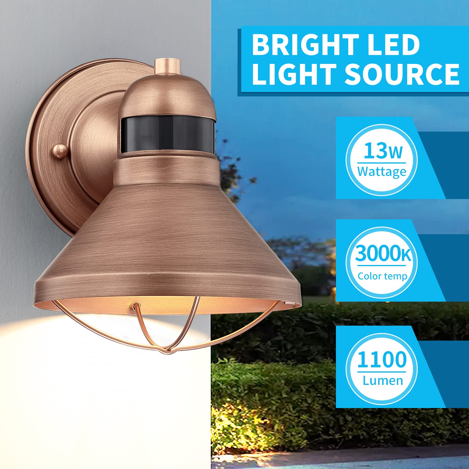 LONEDRUID Motion Sensor Outdoor LED Barn Light, Waterproof Wall Sconce, Bronze Farmhouse Design for Garage, Patio, and Porch