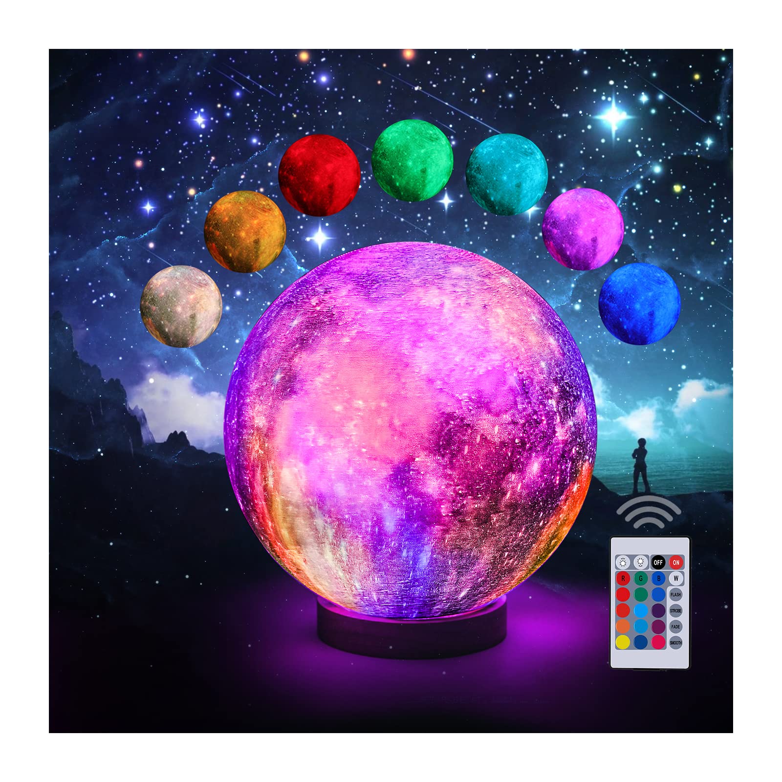 UooEA 3D Galaxy Ball Moon Lamp - 16 Colors Moonlight Globe Luna Night Light with Stand Remote & Touch Control Night Light Bedroo
