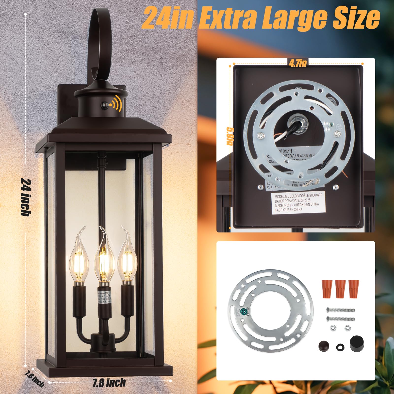 Siafavoi 2Pack Dusk To Dawn Outdoor Wall Light Fixture  24In Bronze Large 3-Light Modern Porch Lantern  Waterproof Exterior Lighting Sconce Wall Mount  Outside Lamp For House Garage Patio E12 Base