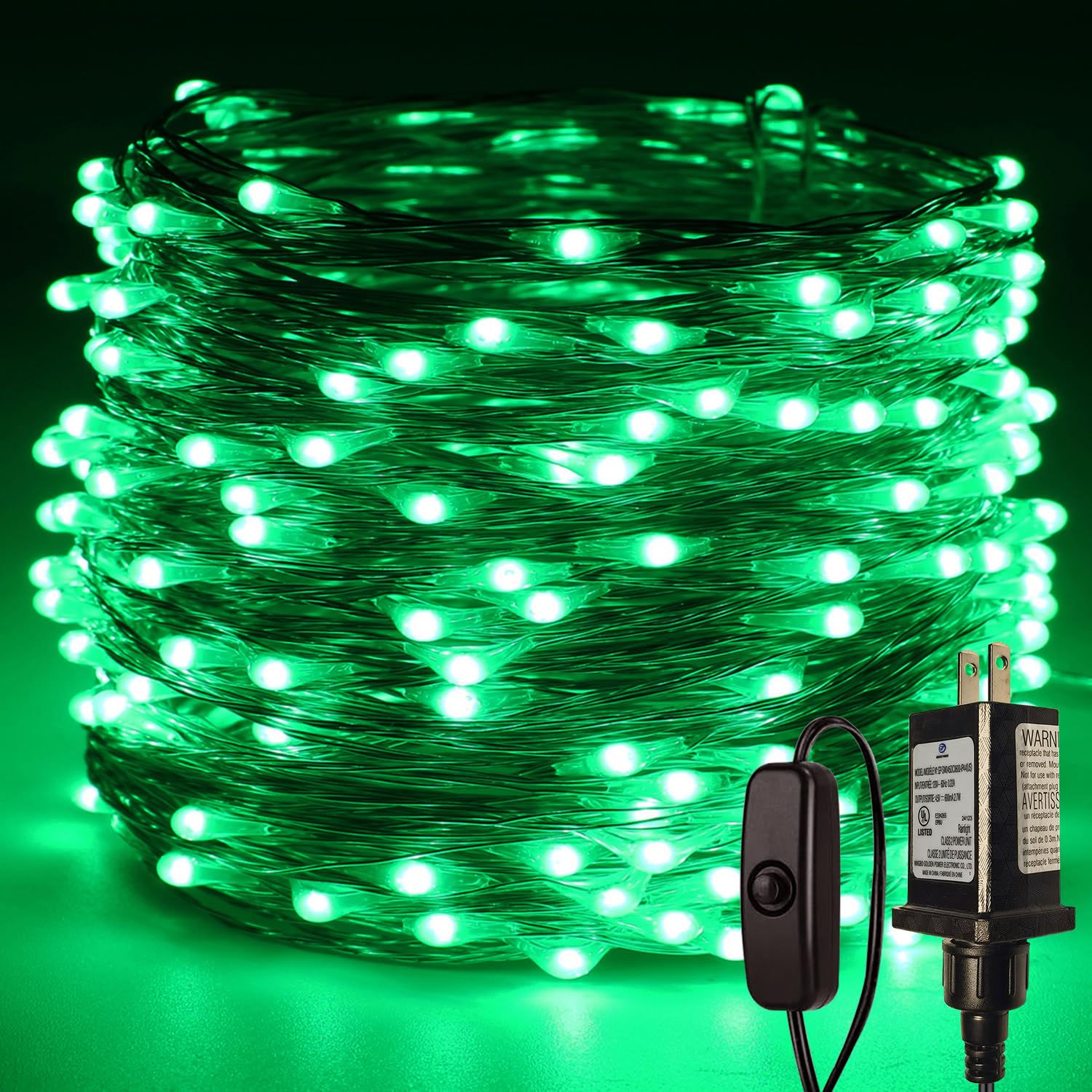 RUICHEN Plug in Fairy Lights with Switch  Waterproof 66 Ft 200 LED Silver Wire Starry String Firefly Lights for Bedroom  Patio  Garden  Balcony  Dorm  Green