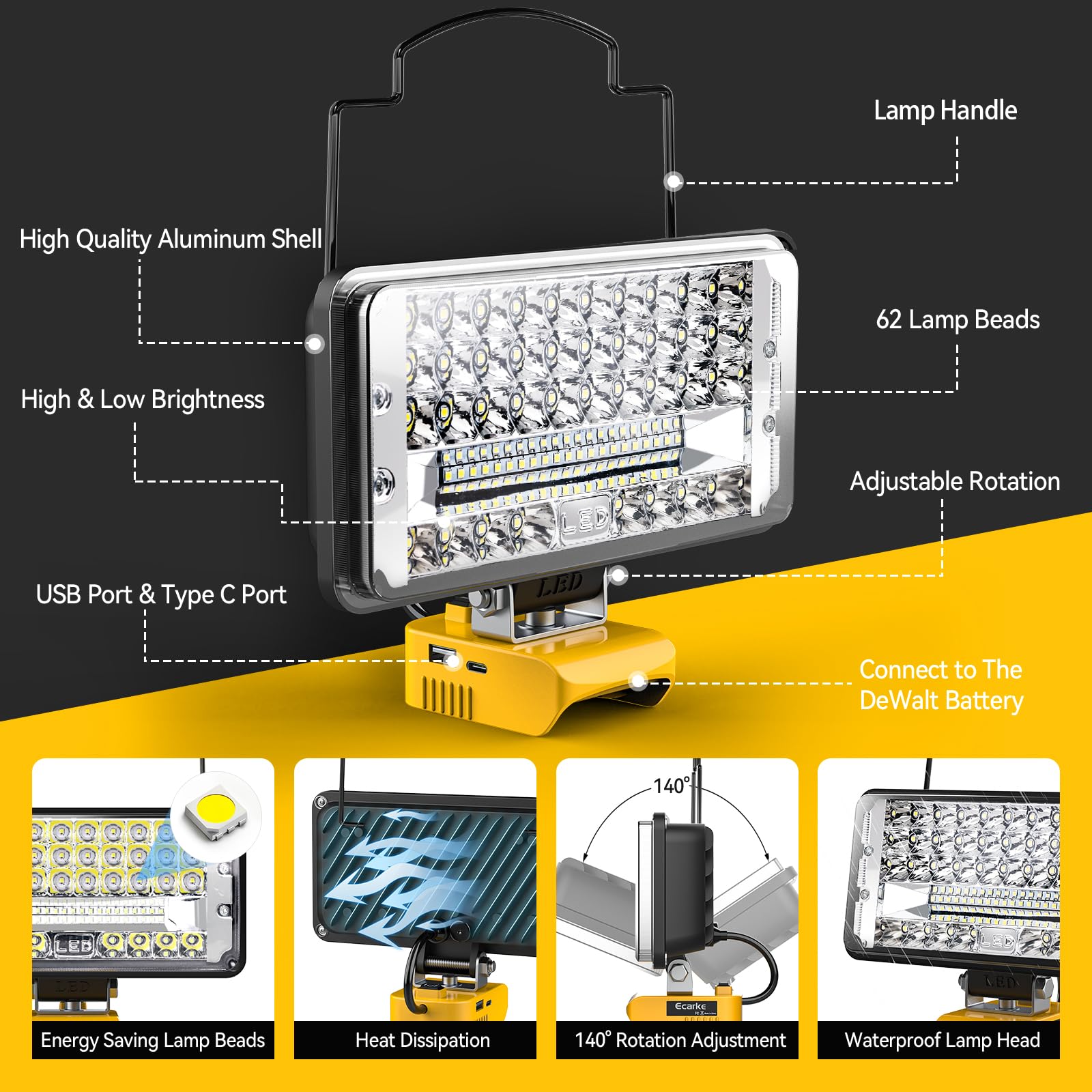 Led Work Light For Dewalt 20V: Ecarke Bright Led Flood Light - 90W 9000Lm Cordless Work Light With Low Voltage Protect For Car R