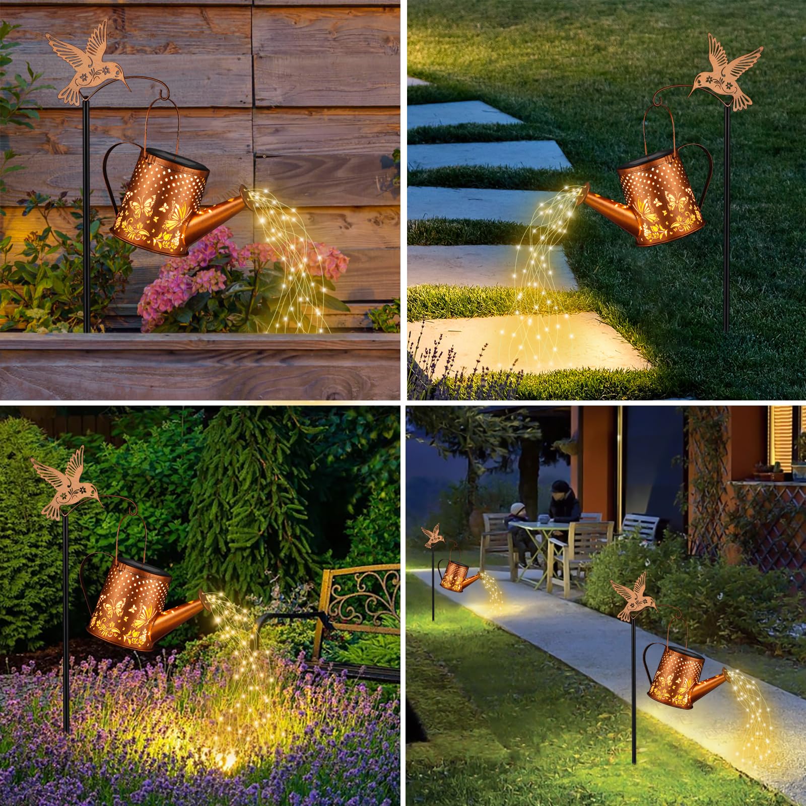 Outdoor Hanging Solar Lantern Waterproof Set Outside Metal Openwork Butterfly Watering Can Landscape Lights For Garden Yard Patio Pathway Decor Birthday Gifts For Women Mom Grandma -With Floor Pole