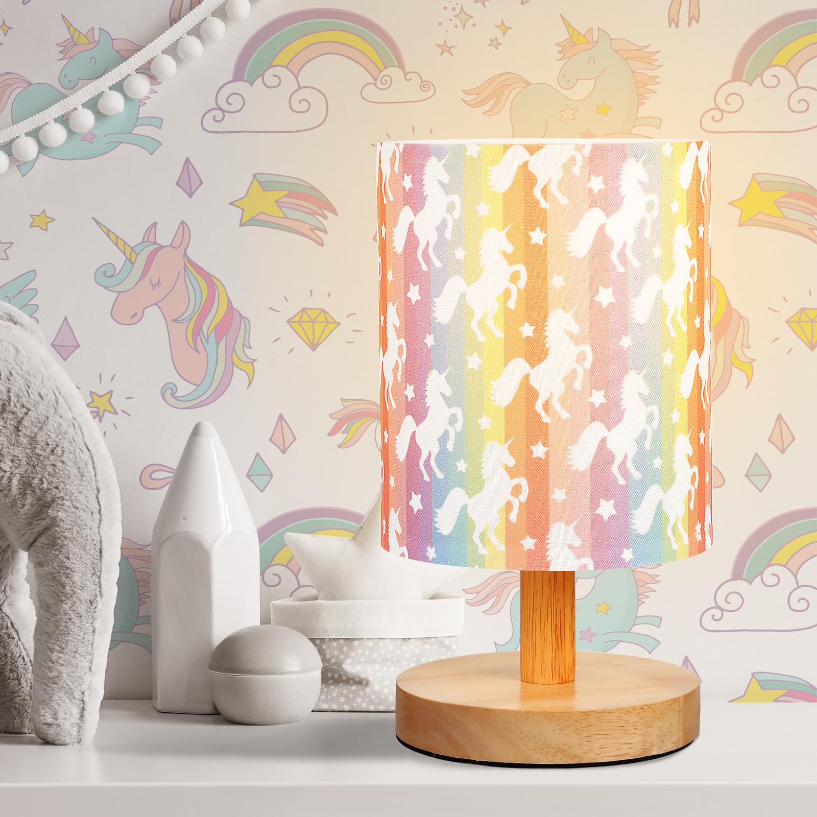 VIHOSE Rainbow Unicorn Table Lamp for Bedroom Kids Bedside Lamp with Linen Wooden Nightstand Lamp Cartoon Nursery Lamp Lampshade