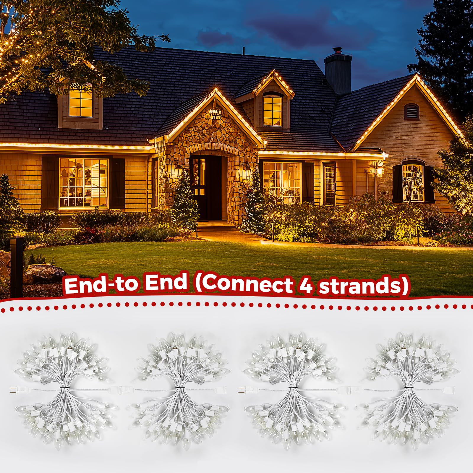Brightown C9 Bulb String Lights for Outdoor, 25FT Warm White Clear Glass, Model GYPI-O257AU, Clear White Wire