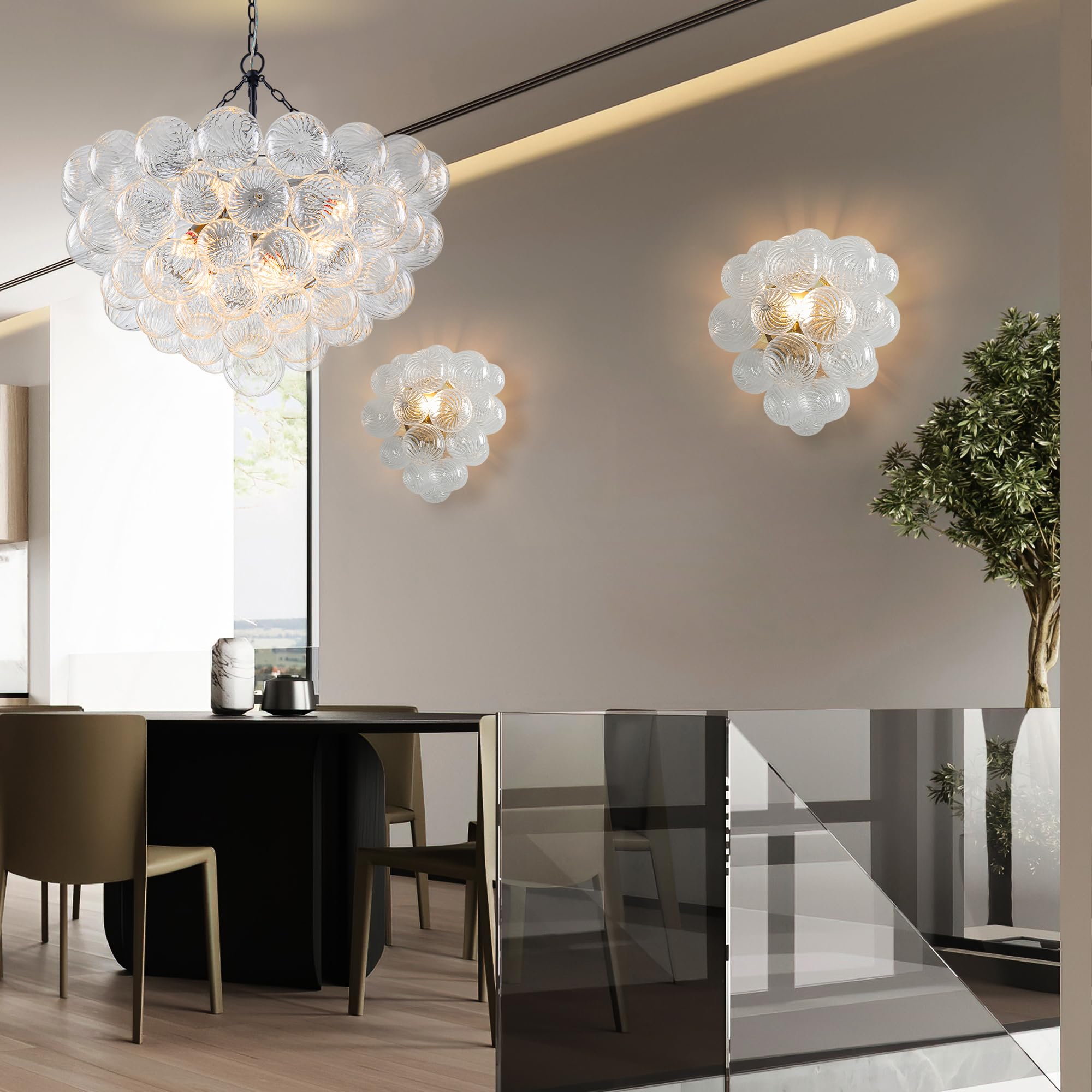 Beypan Bubble Ball Swirled Glass Chandelier Black Finish Clear Blown Glass 32'' Dia Pendant Globe Light Fixture For Bedroom Dini