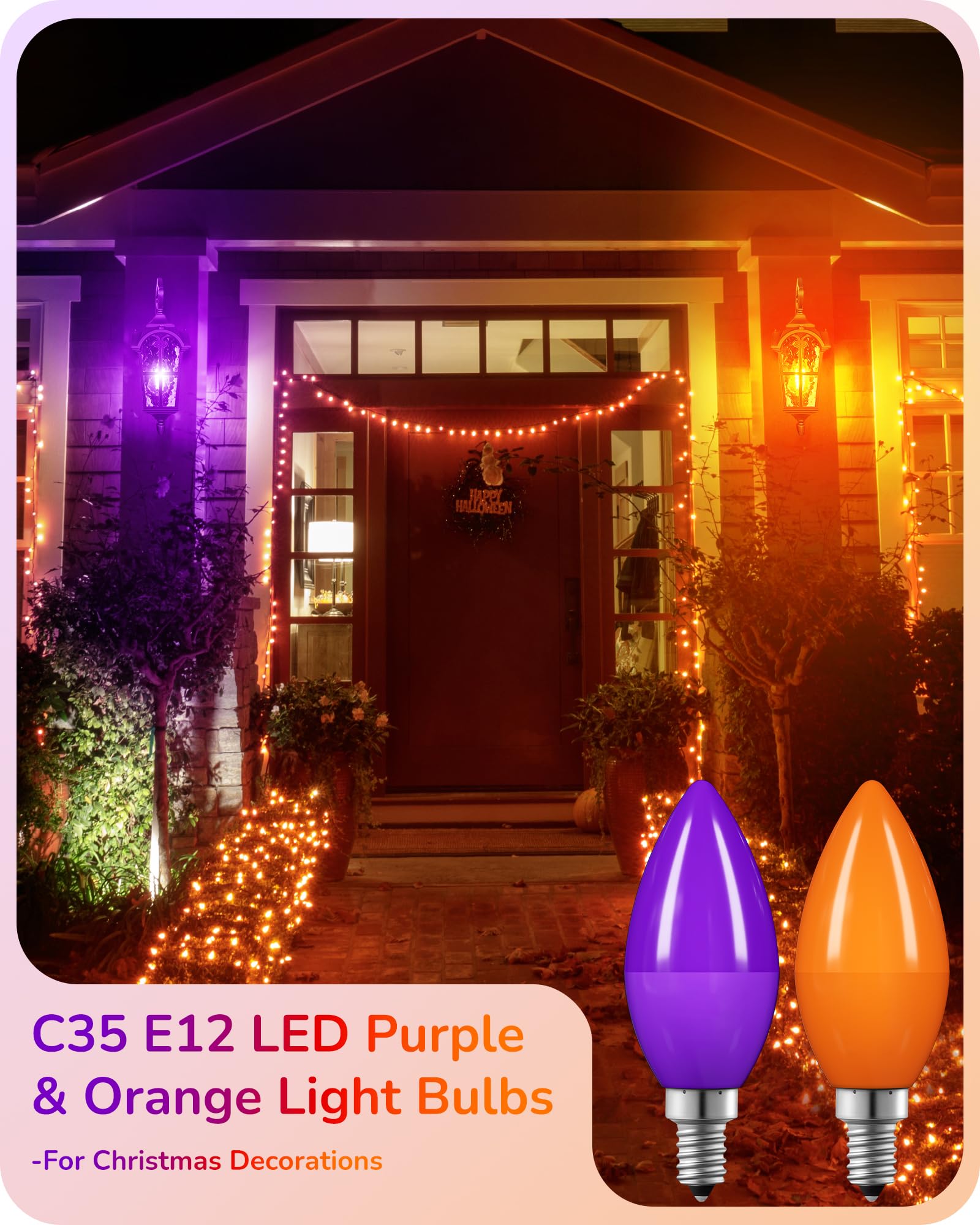 EDISHINE Halloween C35 Purple & Orange Dimmable LED Light Bulb, E12 Candelabra Bulbs, 60 Watt Equivalent, LED Chandelier Bulb, V