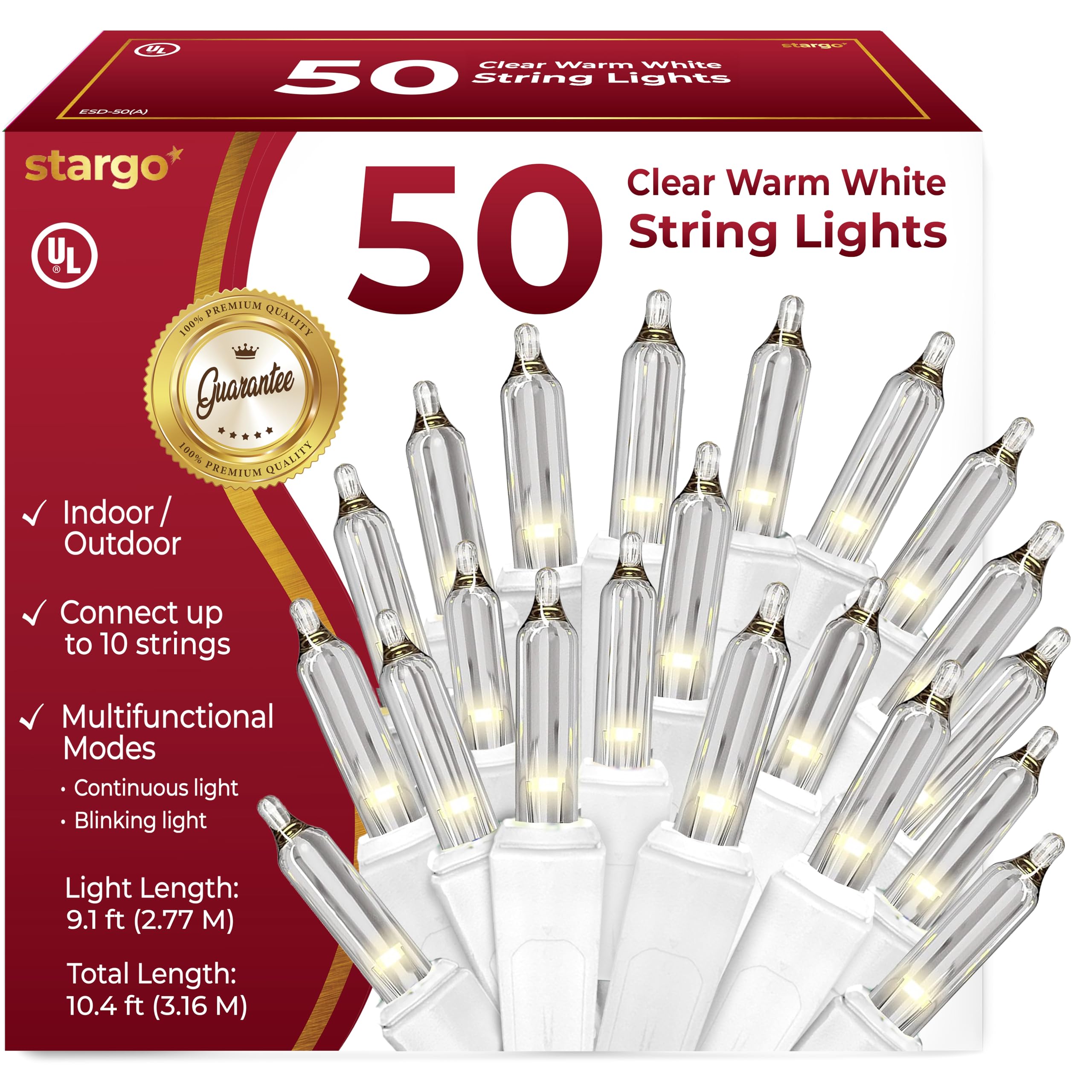 Clear Warm White Christmas Lights - 9 ft String of 50 Incandescent Mini Bulbs Multifunctional Lighting Modes, for Decorative, Bedroom, Outdoor, Xmas Twinkle Tree Lights with White Wire Total 10.4 ft