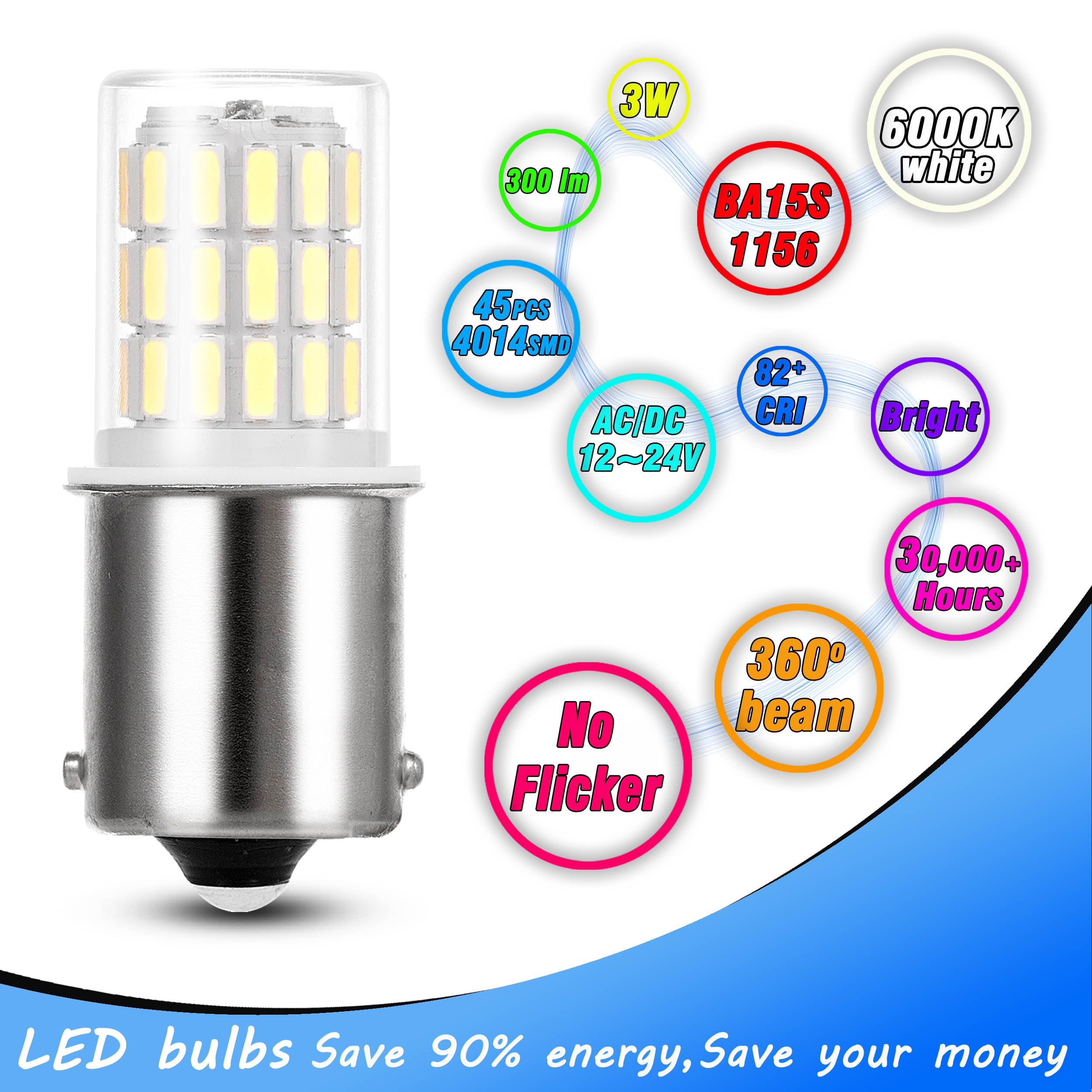 Heifymi 1156 LED Bulb 12V 24V BA15S Super Bright 6000K Daylight White Replacement Lights, 2 Pack