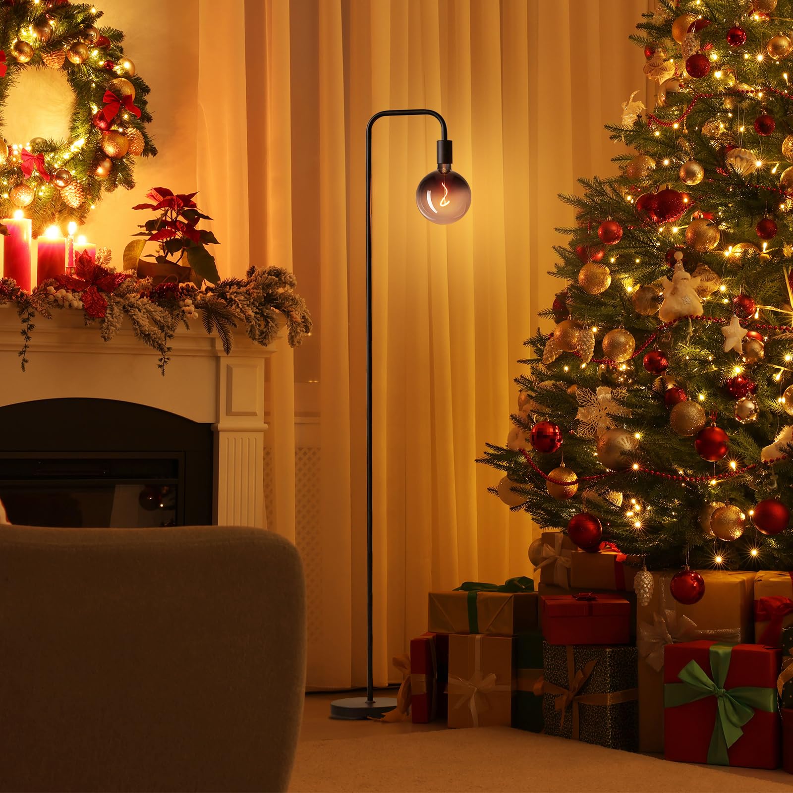 Onewish Floor Lamp For Living Room - Minimalist Industrial Standing Lamp With Modern Led Bulb, Globe Black Clear Glass 6'', 1800