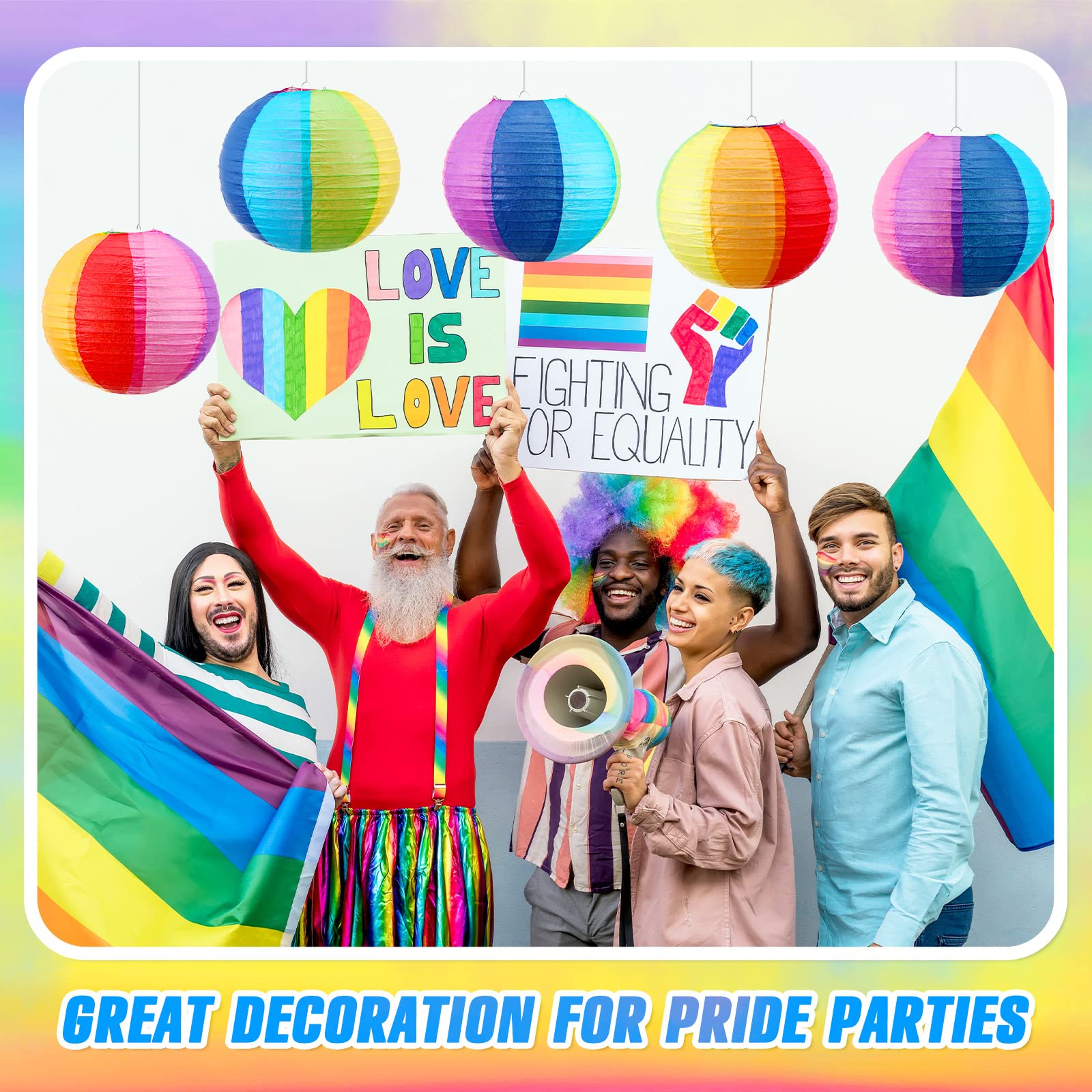 Treela 16 Pcs Rainbow Paper Lanterns 9.8 Inch Beach Ball Paperlanterns , Mexican Fiesta Party Decorations Summer Luau Themed Han