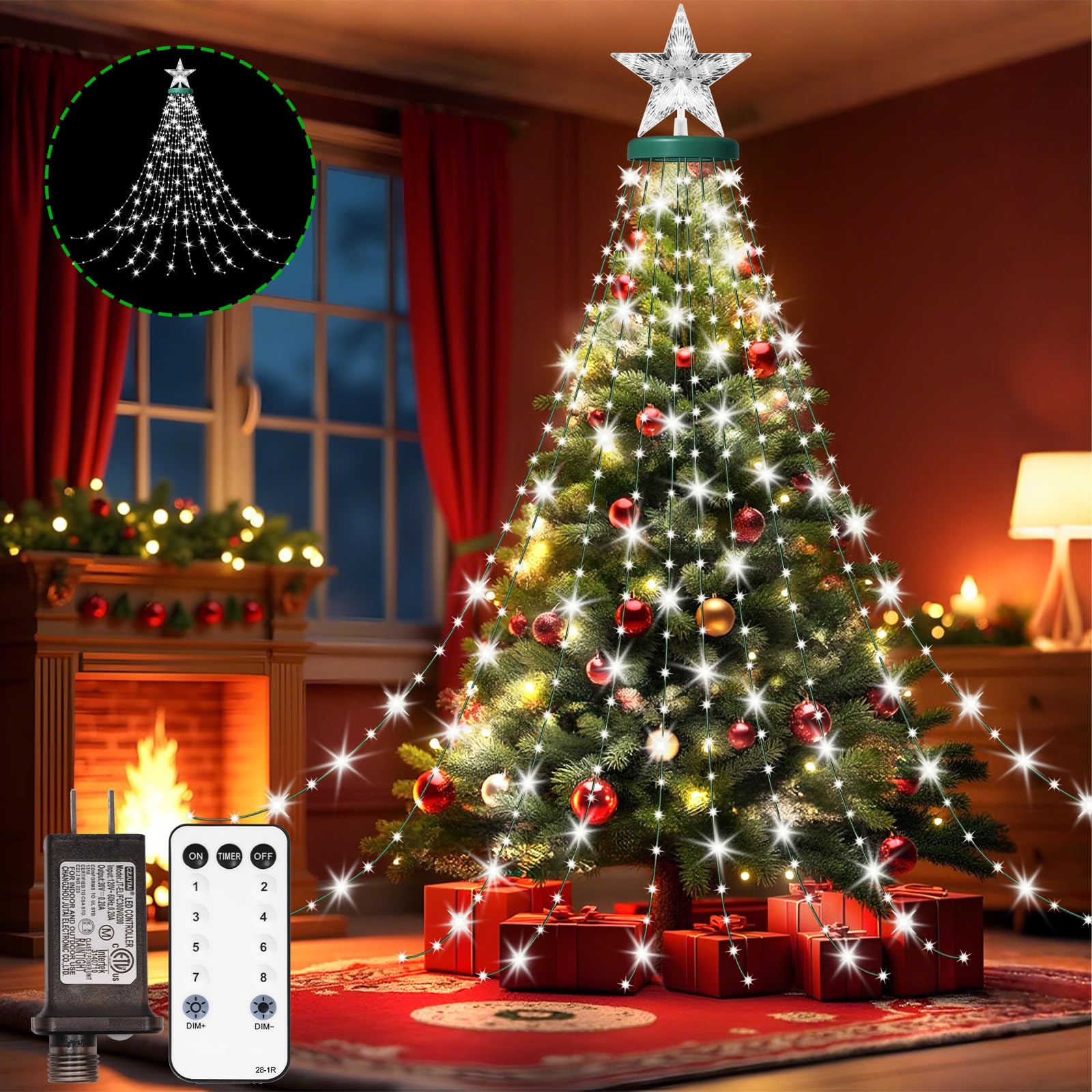 AMIPEPE Christmas Tree Lights, 410LED Fairy Lights, 6.6FT, Cool White, with Star Topper, Remote, 8 Modes for Indoor/Outdoor Xmas Decorations