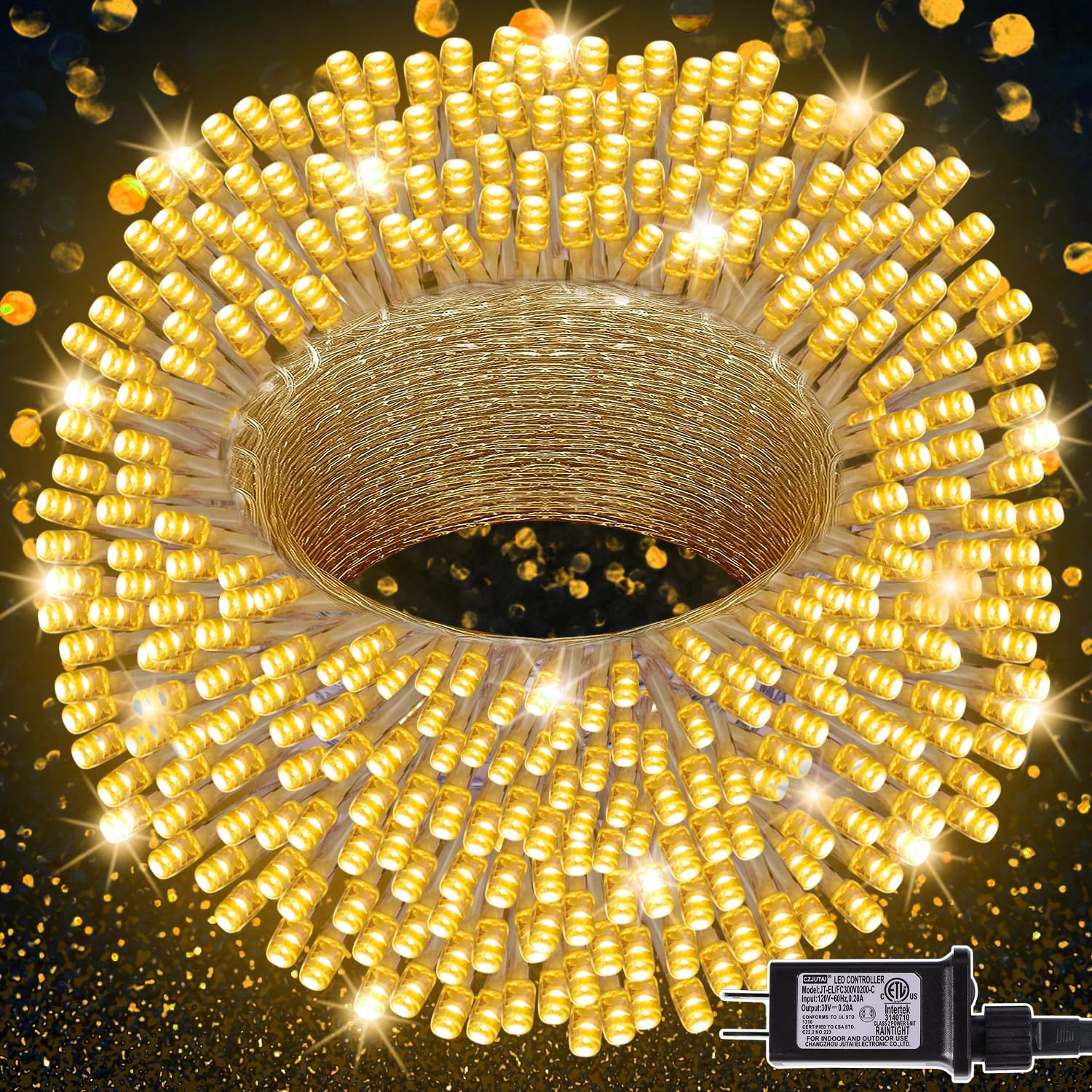 LJLNION 300 LED String Lights, 98.5FT, 8 Modes, Plug-in, Waterproof, Warm White, Model HB-300COI