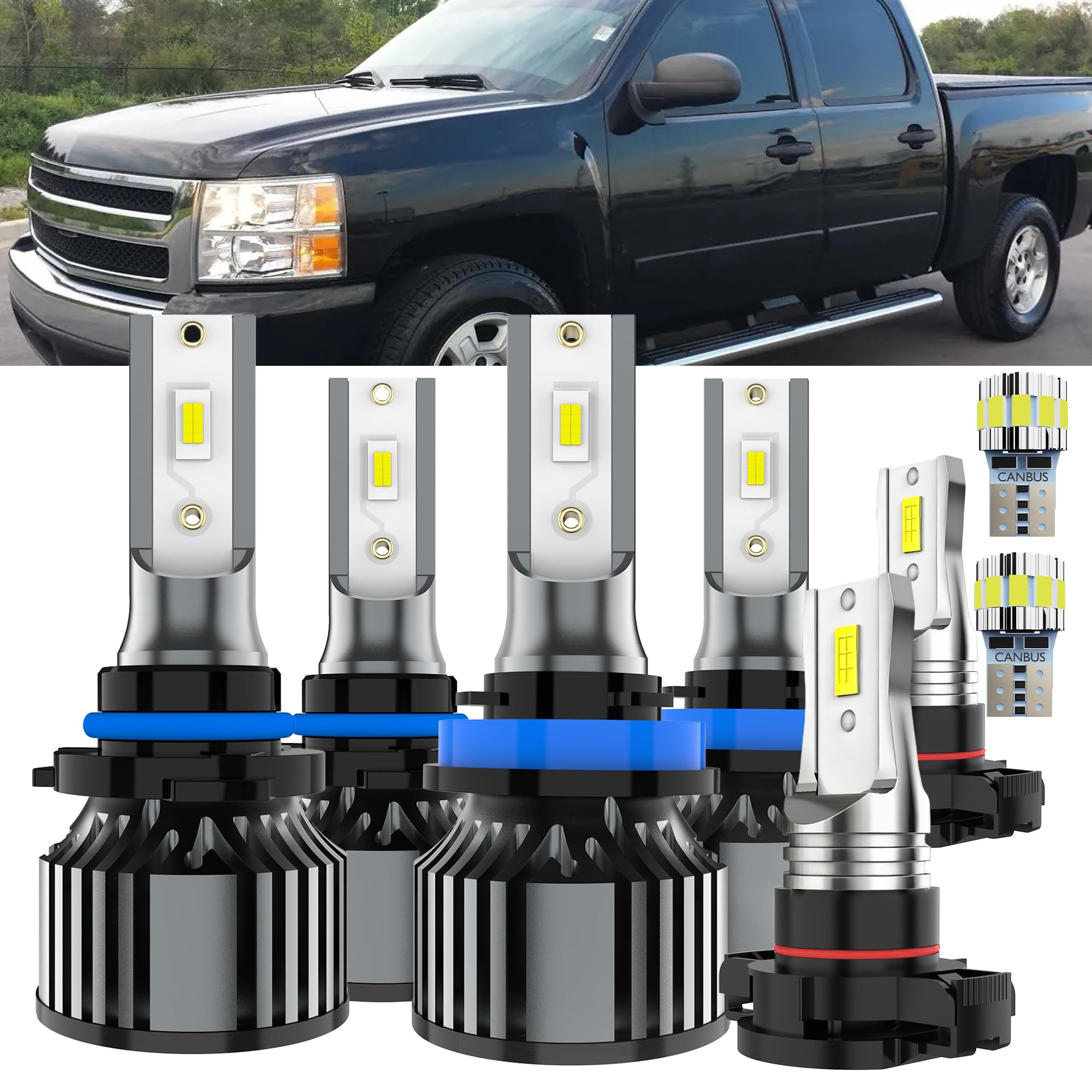 AYOTZIH Bulbs Fit For Chevy Silverado 1500 2007-2015, High Beams+ Low Beams+ Fog Lights+ License Plate Lights Combo, 400% Bright