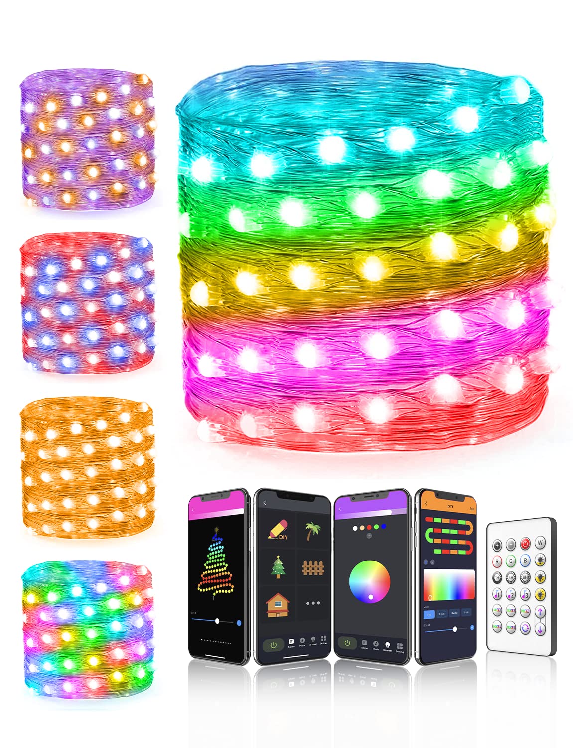 Aoycocr Bluetooth Fairy Lights - 33ft, 66 LED, RGB Color, Remote Control, Timer, Music Sync for Christmas & Halloween Parties