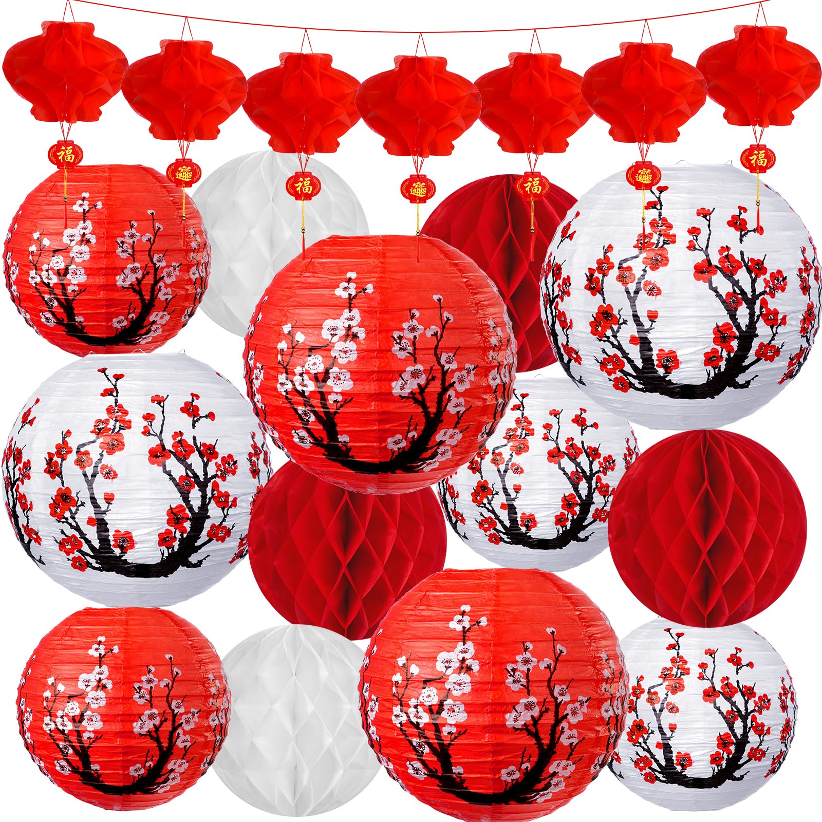 33Pcs Chinese Japanese Paper Lantern New Year Decorations 2026  Lunar New Year Lanterns Decoration  Red White Cherry Blossom Decorative Hanging Paper Lanterns for Chinese Spring Festival Year of Horse