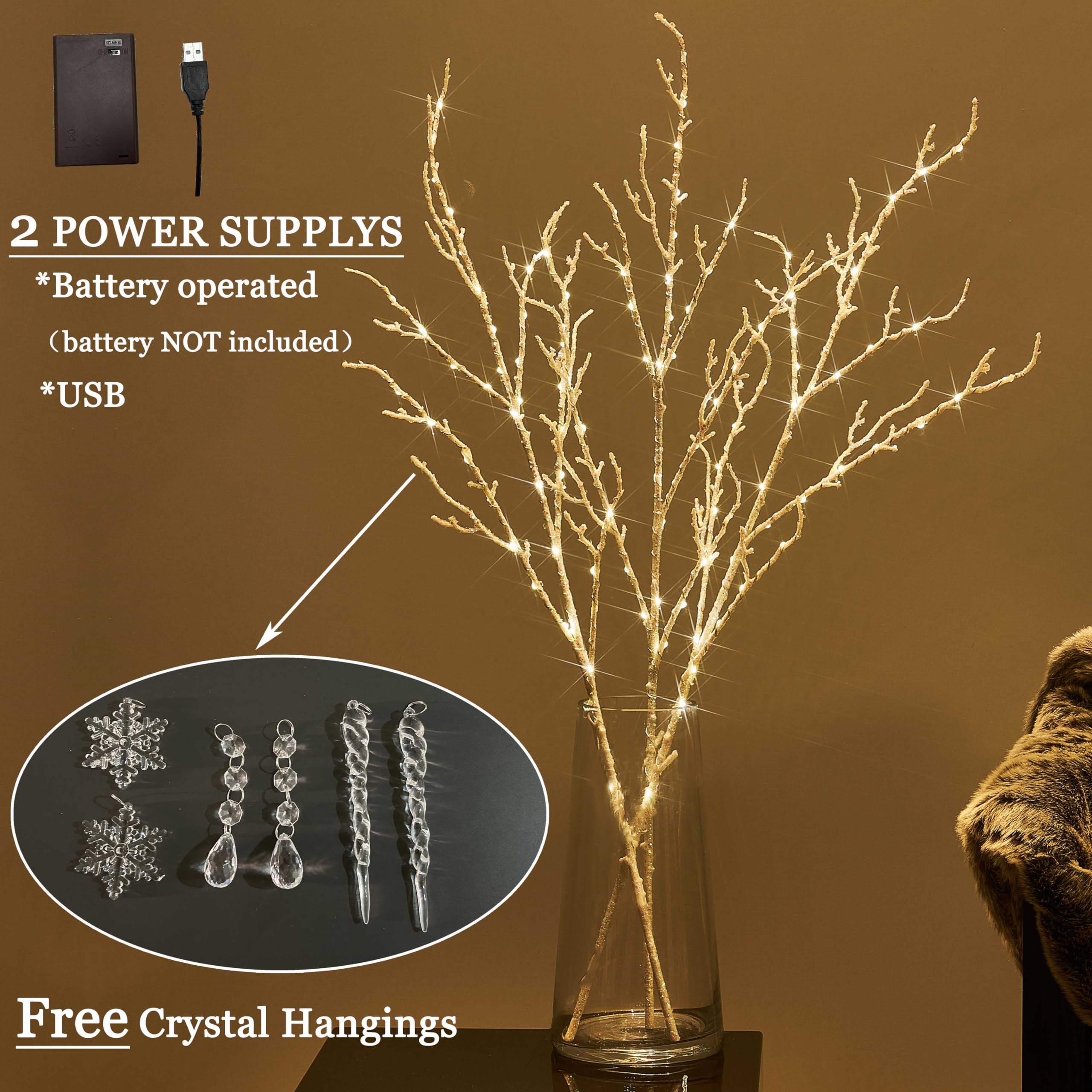 Hairui Lighted Branches - 32in White Twig Lights with Iredescent Glitter, USB & Battery Operated, Timer Included