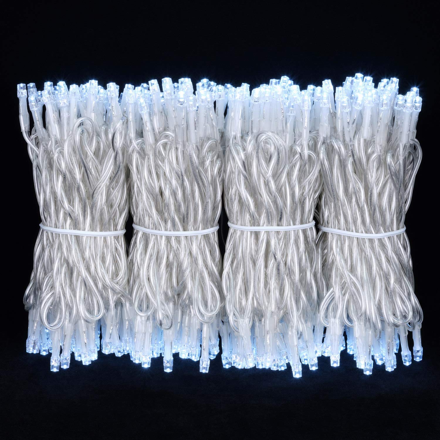 YULETIME 100 ft 300 Count Cool White LED String Lights with 8 Models Adapter  Clear Wire Wide Angle 5mm Christmas Lights (Cool White - Multimode)