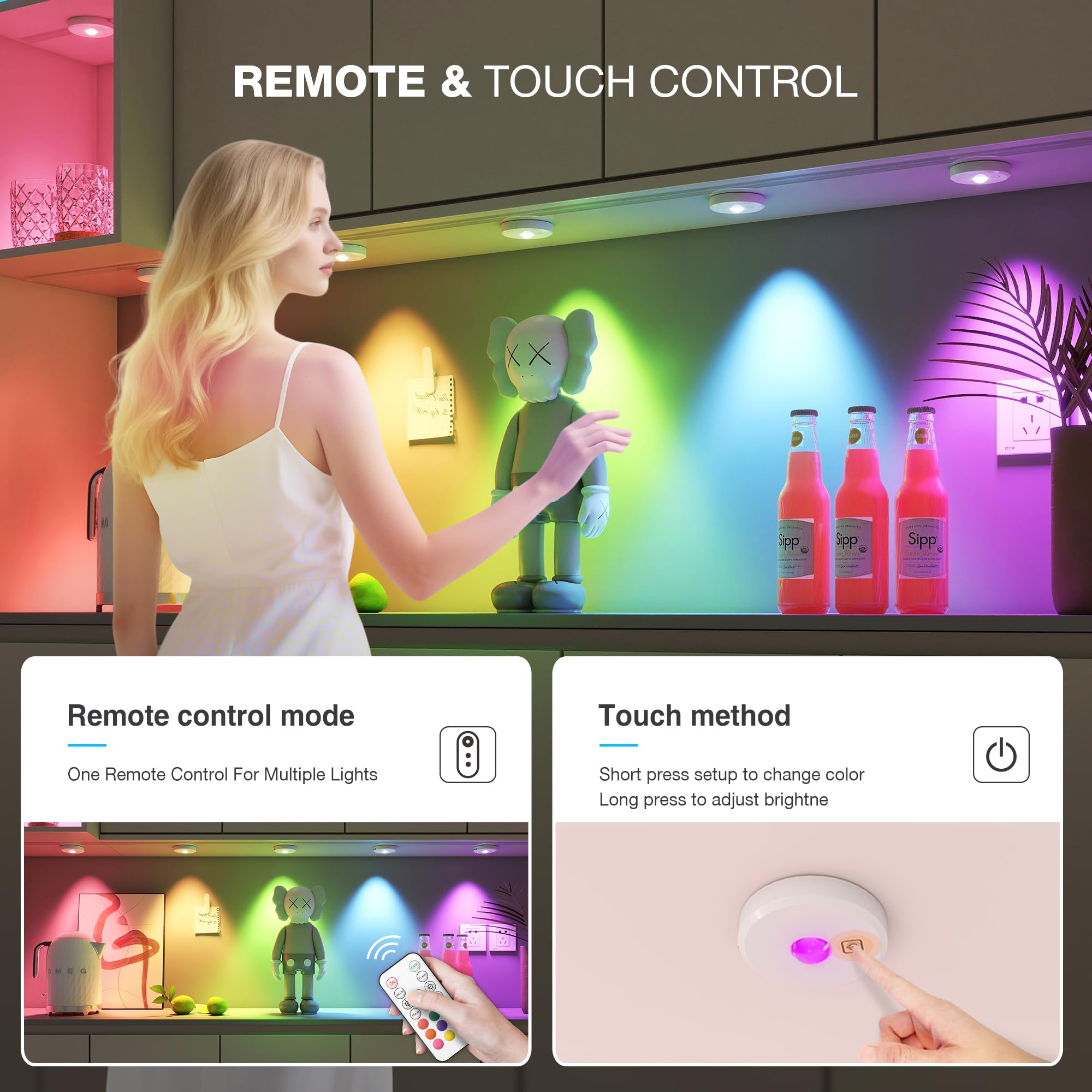 RGB Puck Lights with Remote Control, 2000mAh Battery Operated Tap Lights Rechargeable, 9 Colors & 2 Dynamic Changing Under Cabin