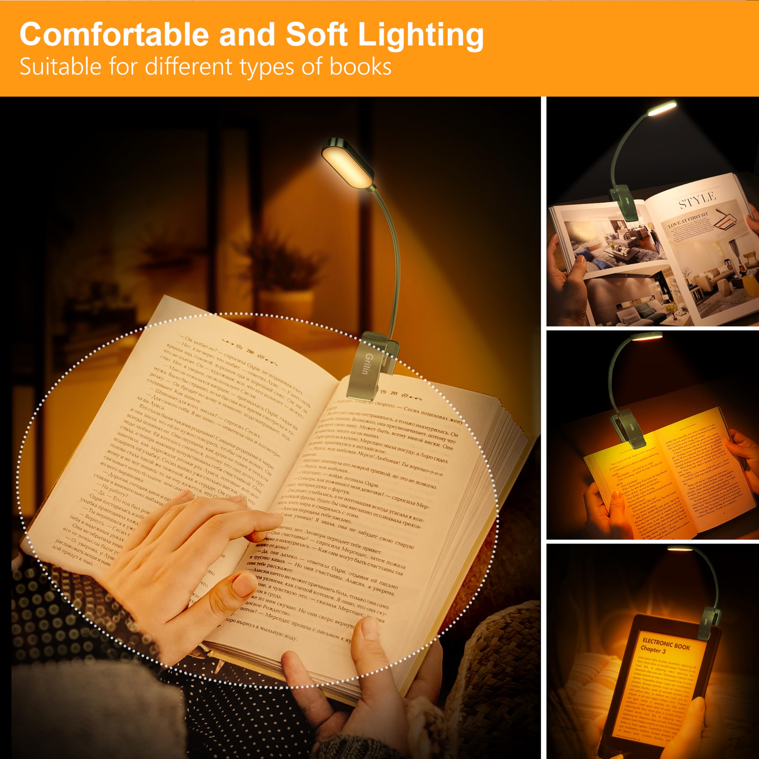 Gritin Rechargeable Book Light - 16 LEDs, 3 Color Temperatures, Stepless Dimming, Dark Green, Model GM1331