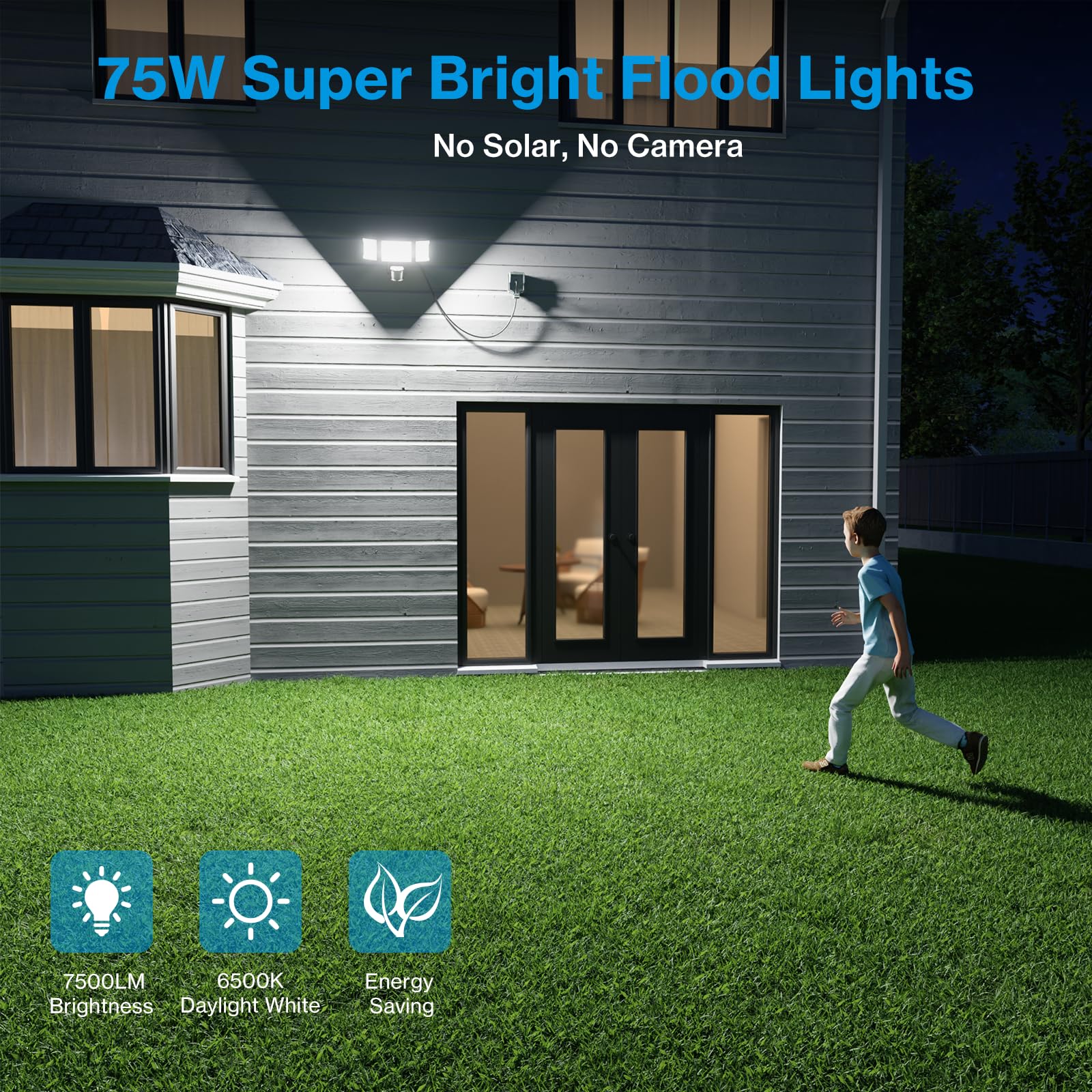 Olafus 75W Motion Sensor Outdoor LED Flood Light, 7500LM, IP65 Waterproof, Dusk to Dawn, White, Model 3-LBG55M