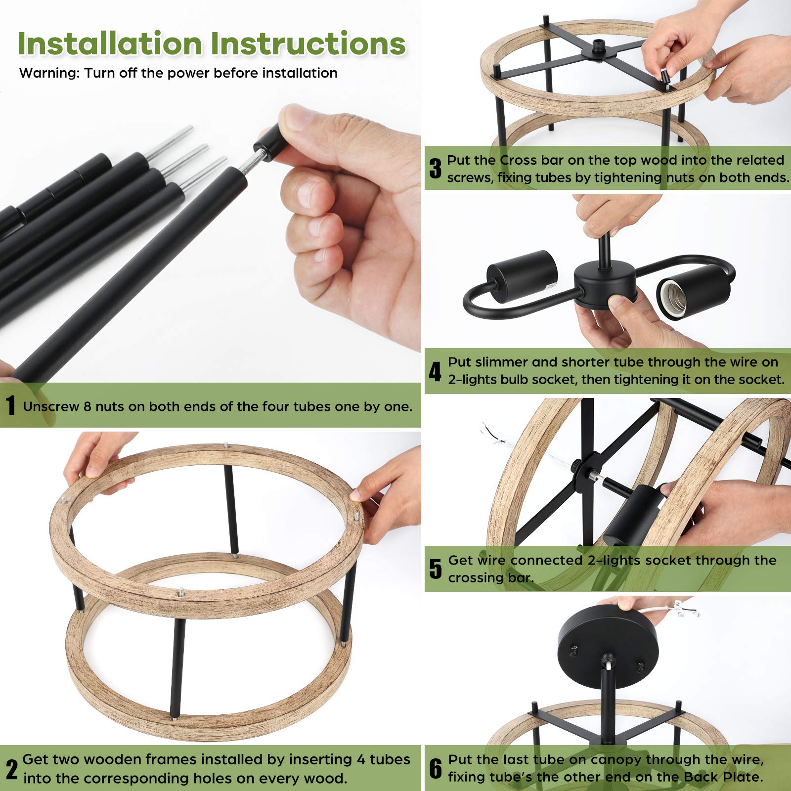 Lakumu 2-Light Semi Flush Mount Ceiling Light, Rustic Wood & Black Metal, 12.8in Size, Model C3111-02-WDBK, Oak Finish