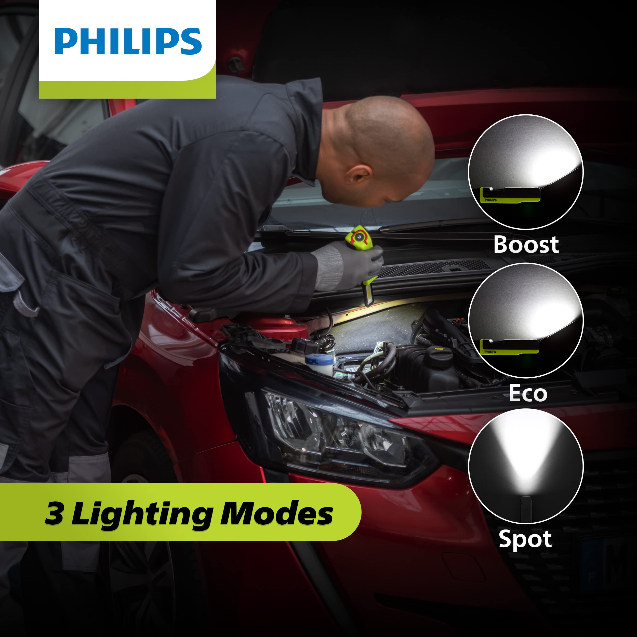Philips Automotive Lighting Xperion 6000 Slim Rechargeable Led Work Light, 500 Lumen Professional Handheld Flashlight With Magnetic Base And Hanger Hook For Mechanics, Construction