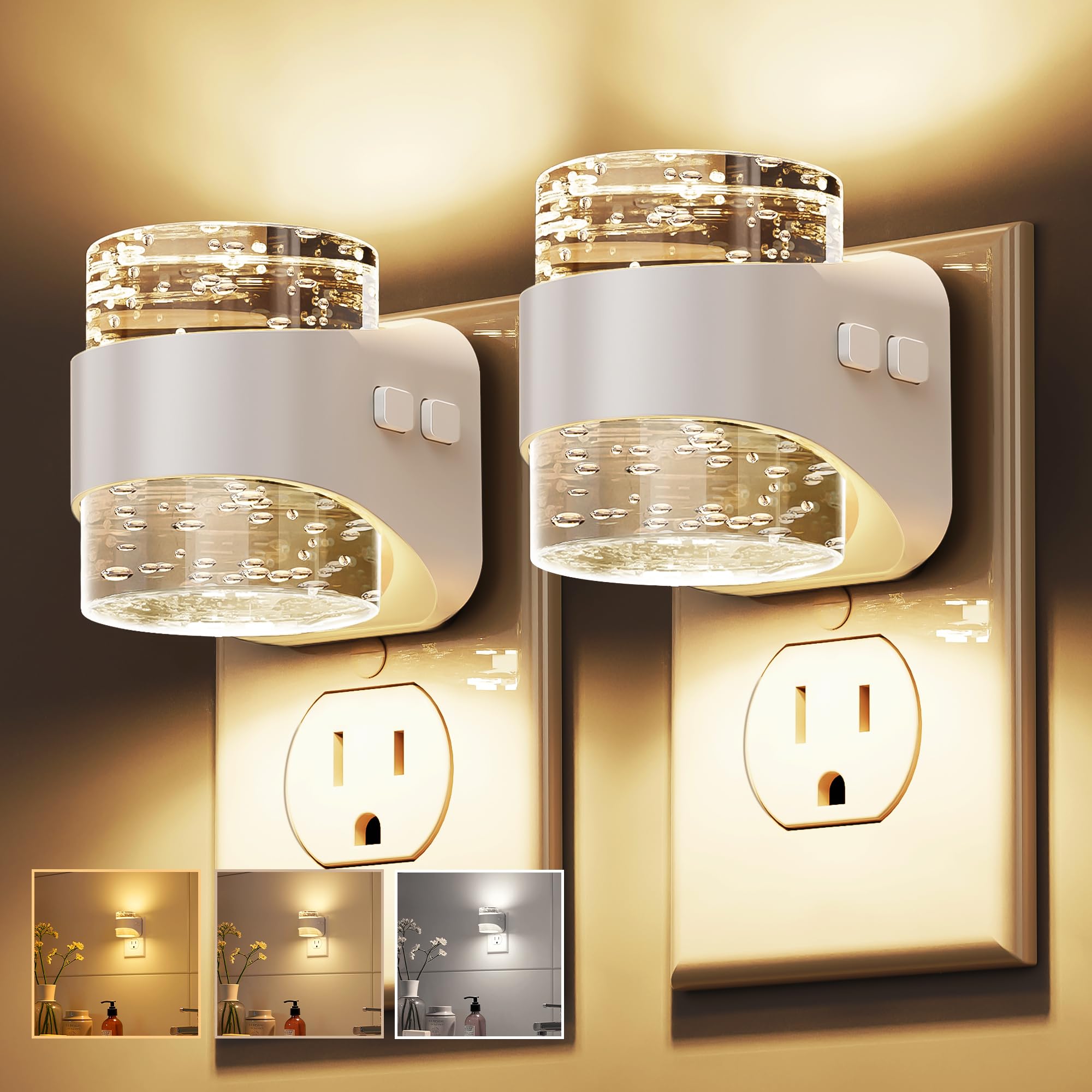 L LOHAS LED Night Light  3CCT Bubble Night Lights Plug into Wall 2 Pack 3000K/4000k/5000K Adjustable Night Light Dimmable Nightlights with Dusk to Dawn Sensor for Rooms Bathroom Hallway