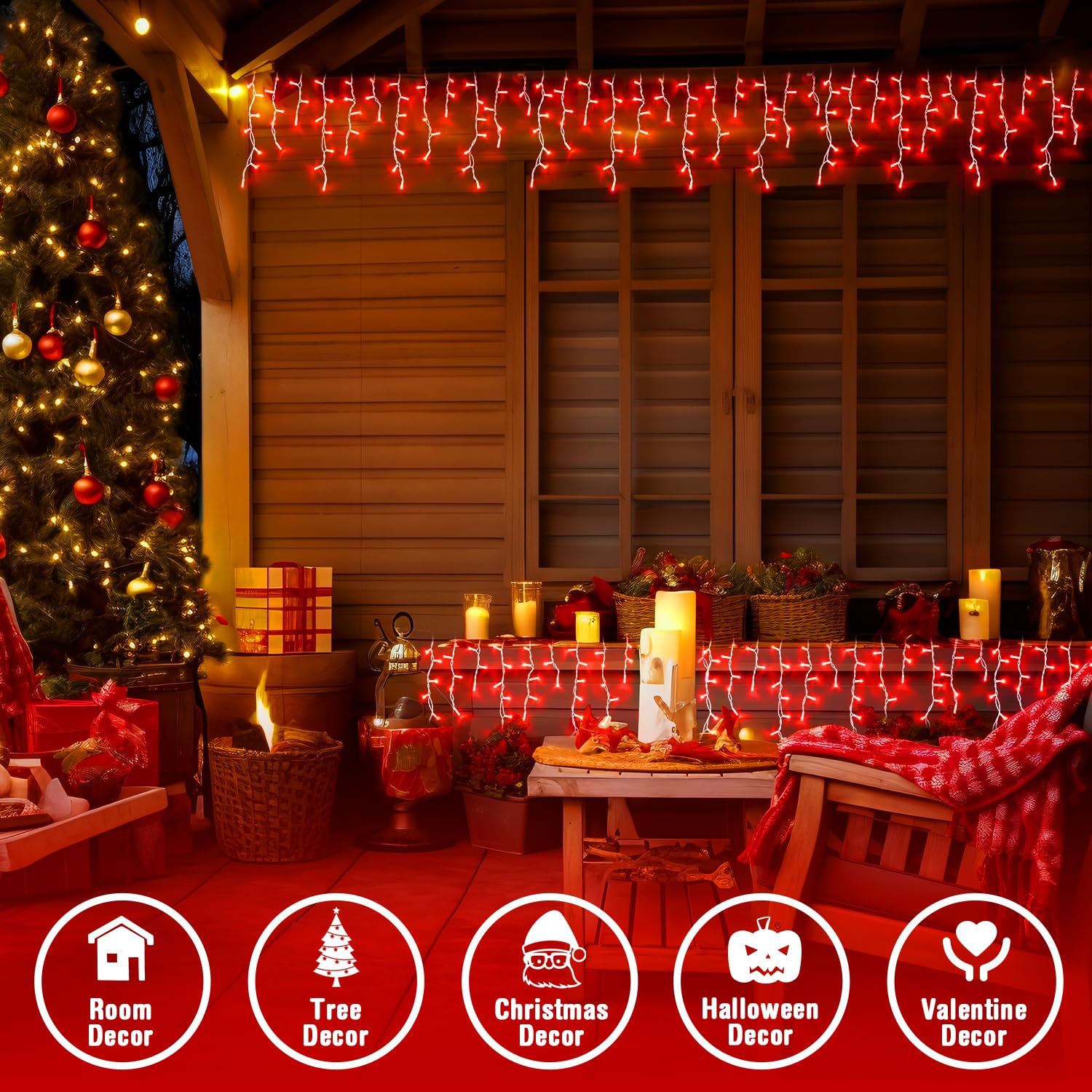 JMEXSUSS 400 LED Red Icicle Lights, Connectable Indoor/Outdoor, Remote Control, 38.8FT, Rubber, Model EXS-I-0400-R