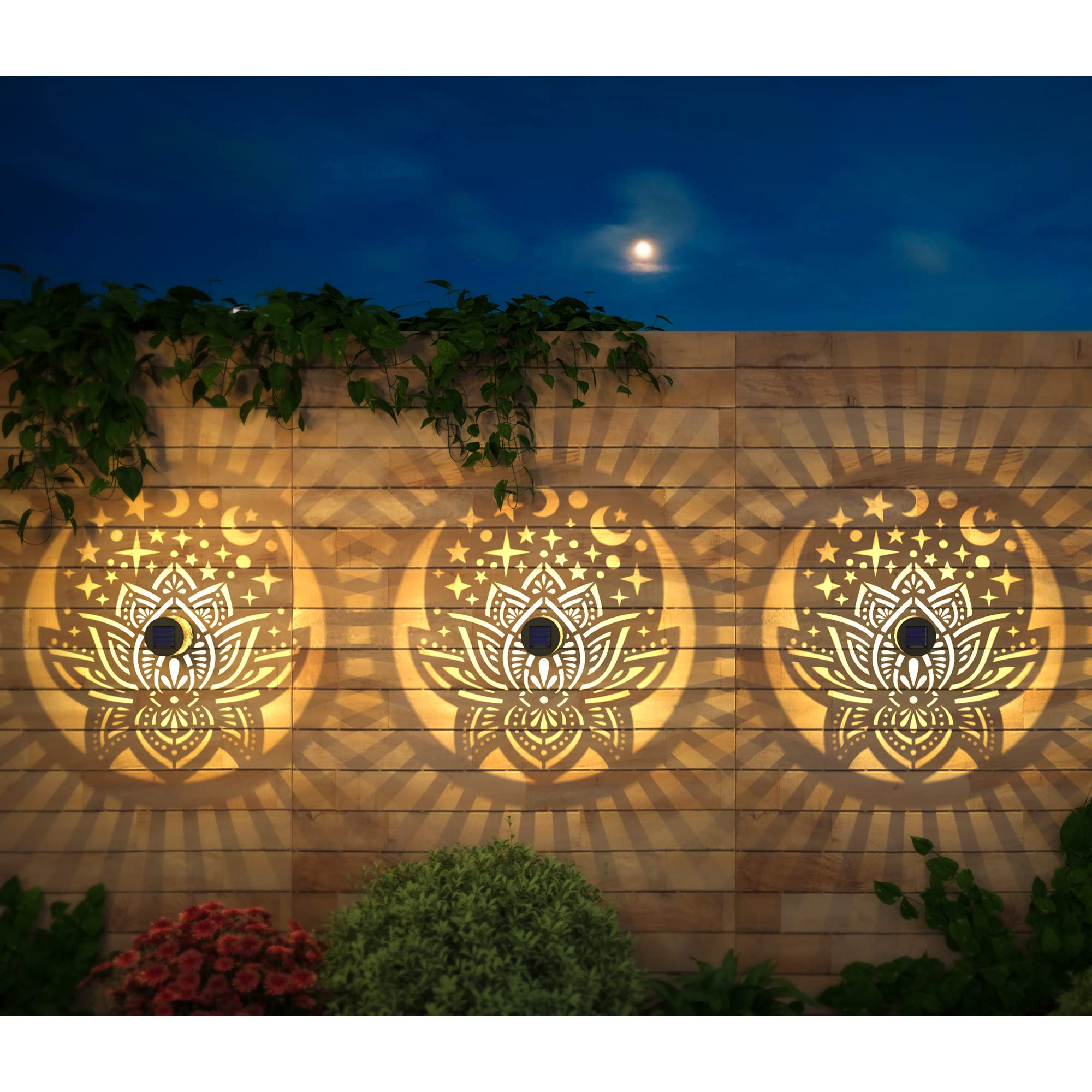 gardencave Solar Fence Lights, Waterproof Outdoor Wall Deck Lights, 4 Pack, Lotus Theme, Model TIH03