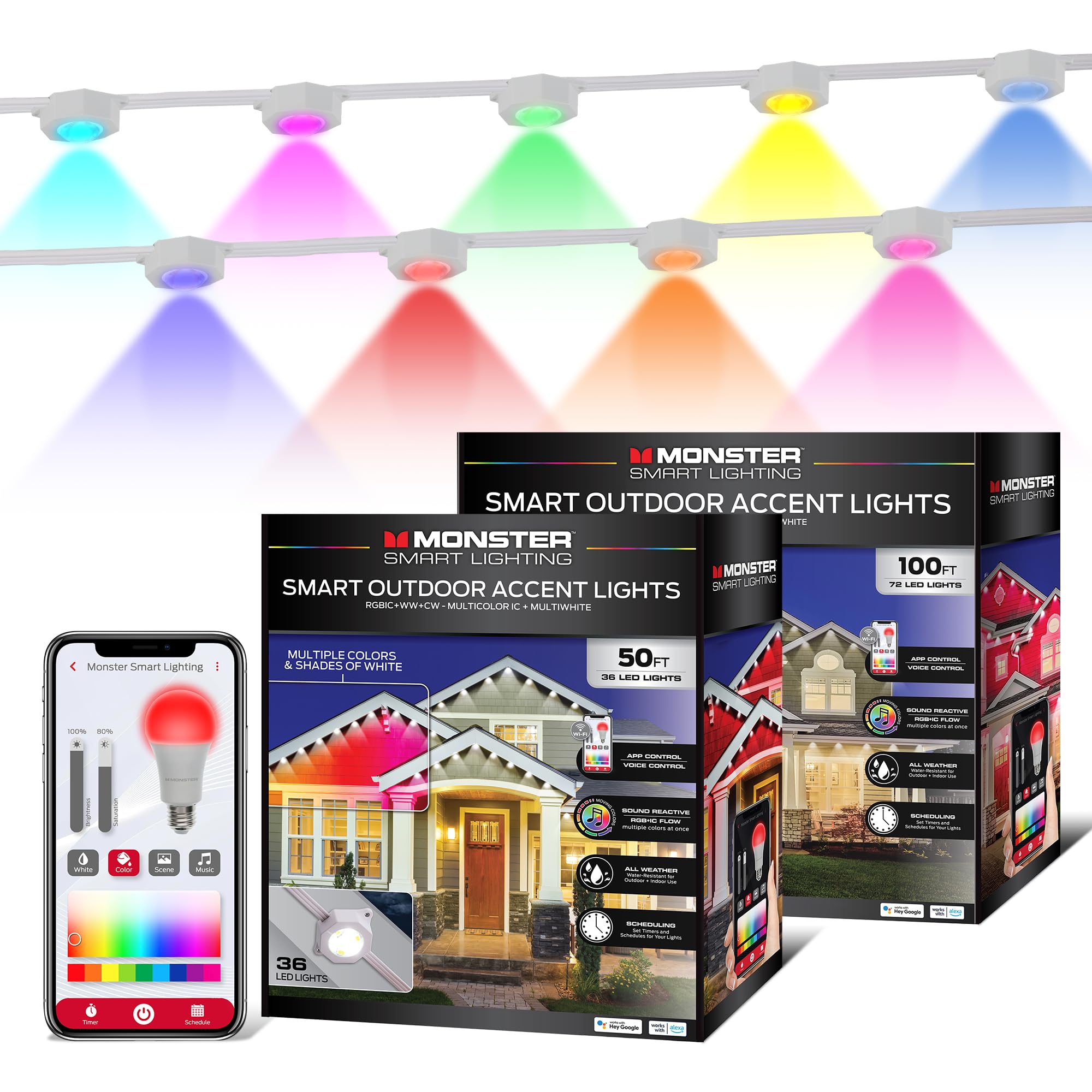 Monster Smart Permanent Outdoor Lights  150ft  108 LED Eaves Lights  RGB+IC+WW  Weather & Water Resistant  App & Voice Control  Compatible with Alexa & Google  Halloween  Christmas  Year-Round