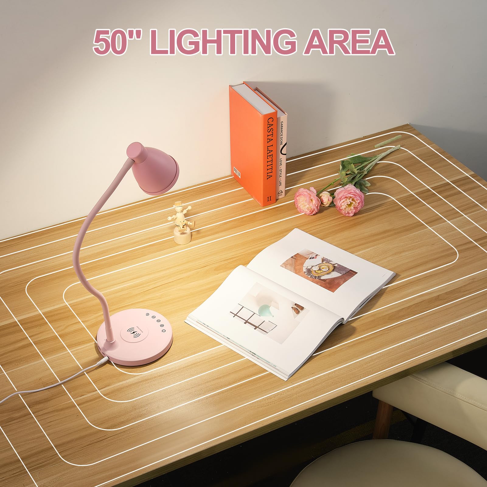 Bohon Cute Desk Lamp With Usb C+A Charging Ports, Wireless Charger Pink Lamp, 5 Colors Stepless Dimming Reading Light, Touch Bed