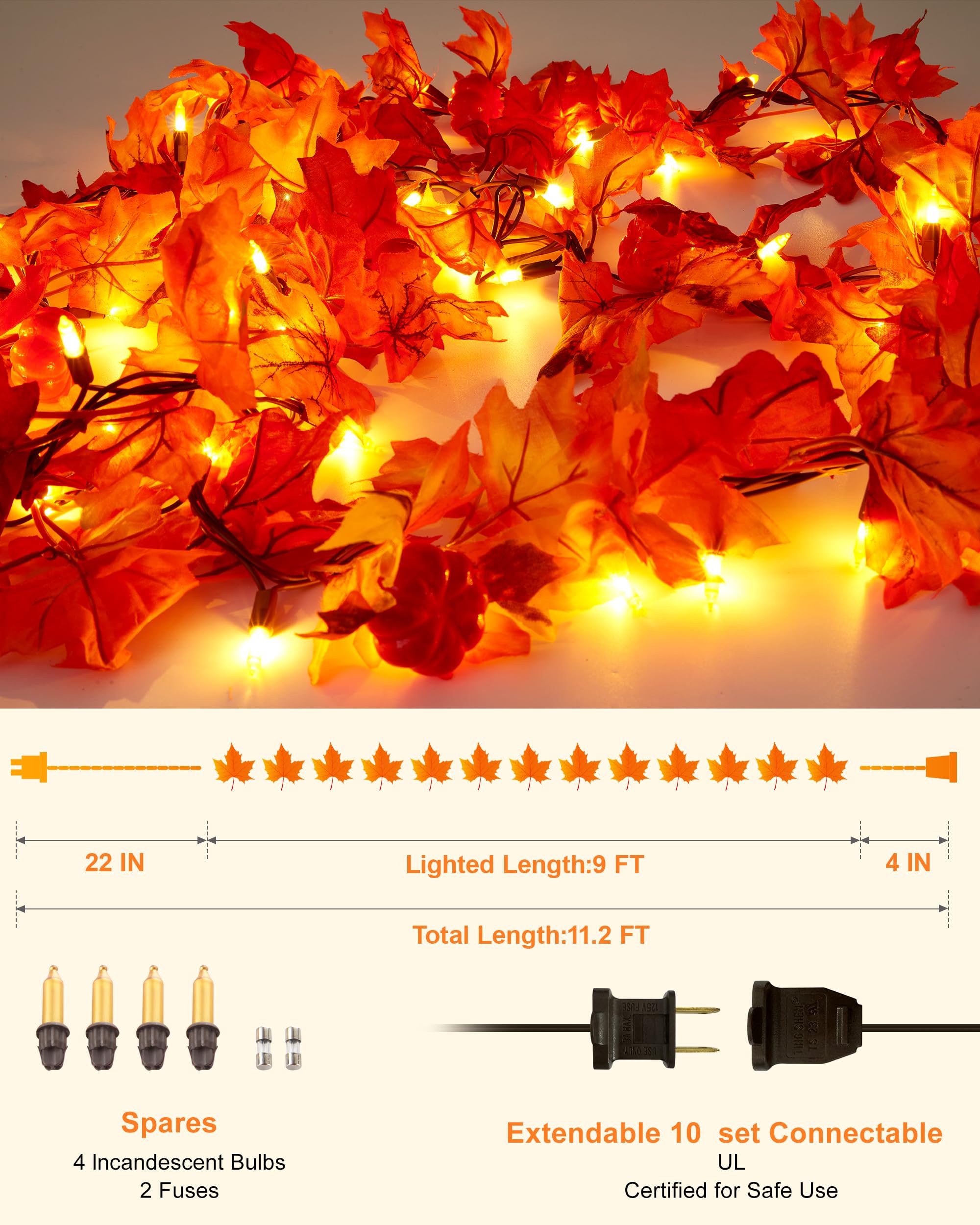 Vcoken 11Ft Fall Garland With Lights, Plug In Fall Lights 50 Bulbs Connectable Maple Leaves Lights With Pumpkin, Fall Decor Lights For Outdoor Indoor Halloween Thanksgiving Holidays